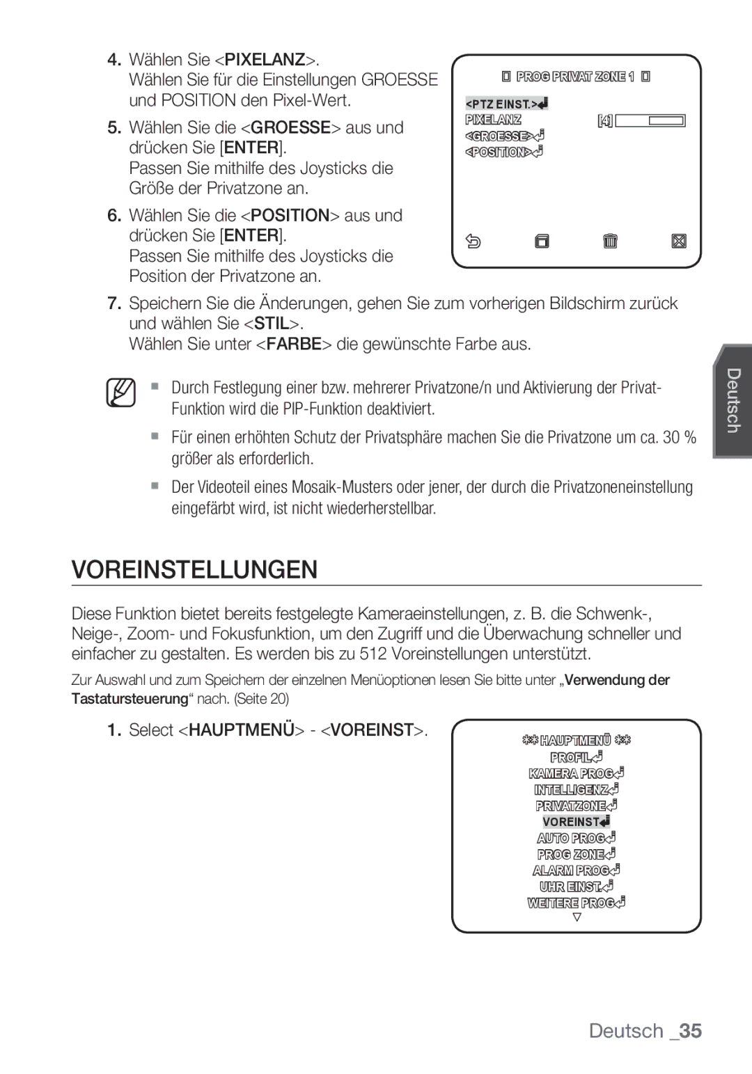 Samsung SCC-C7453P manual Voreinstellungen, Wählen Sie Pixelanz, Wählen Sie die Groesse aus und drücken Sie Enter 