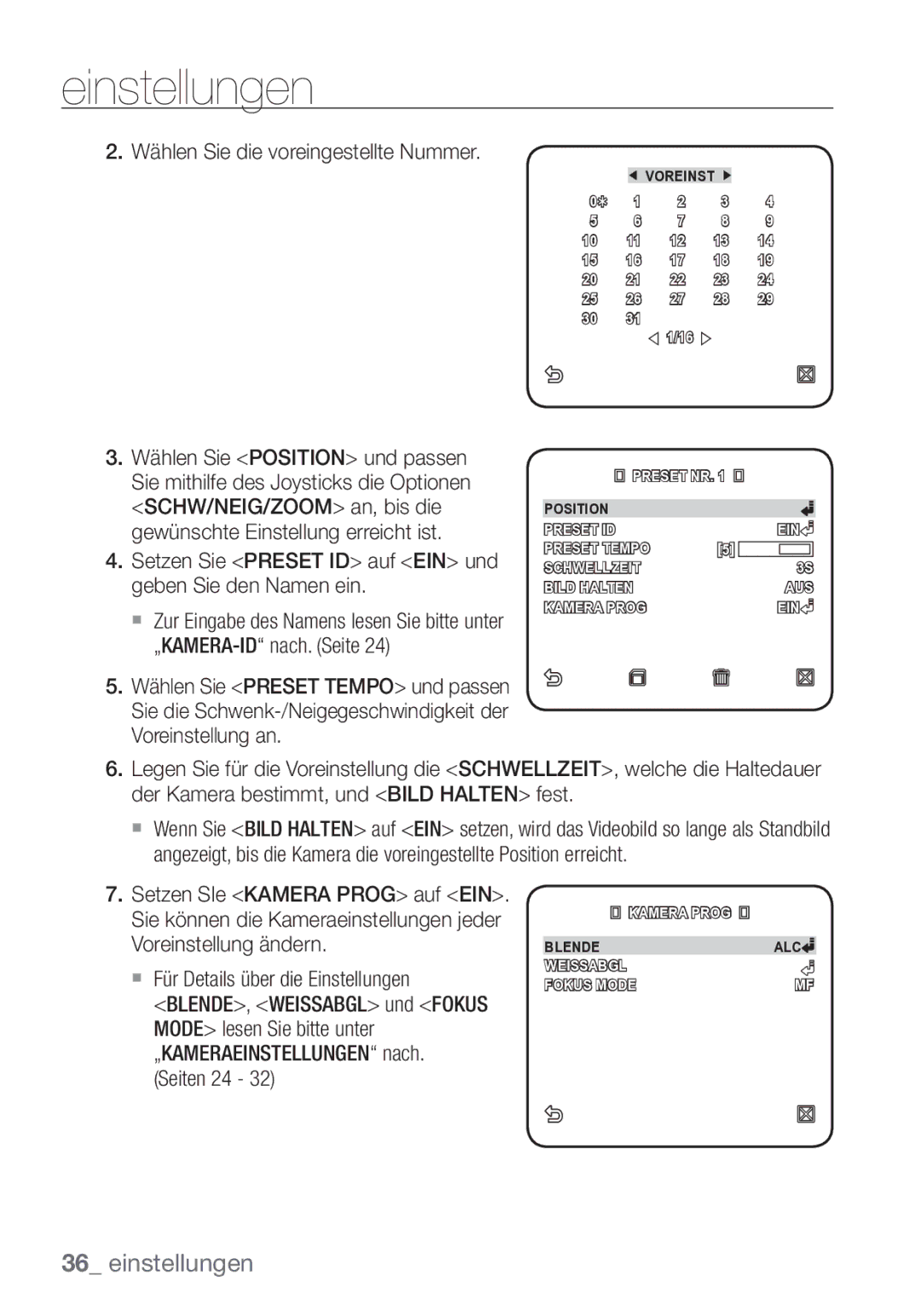 Samsung SCC-C7453P manual Wählen Sie die voreingestellte Nummer, Setzen Sie Preset ID auf EIN und geben Sie den Namen ein 