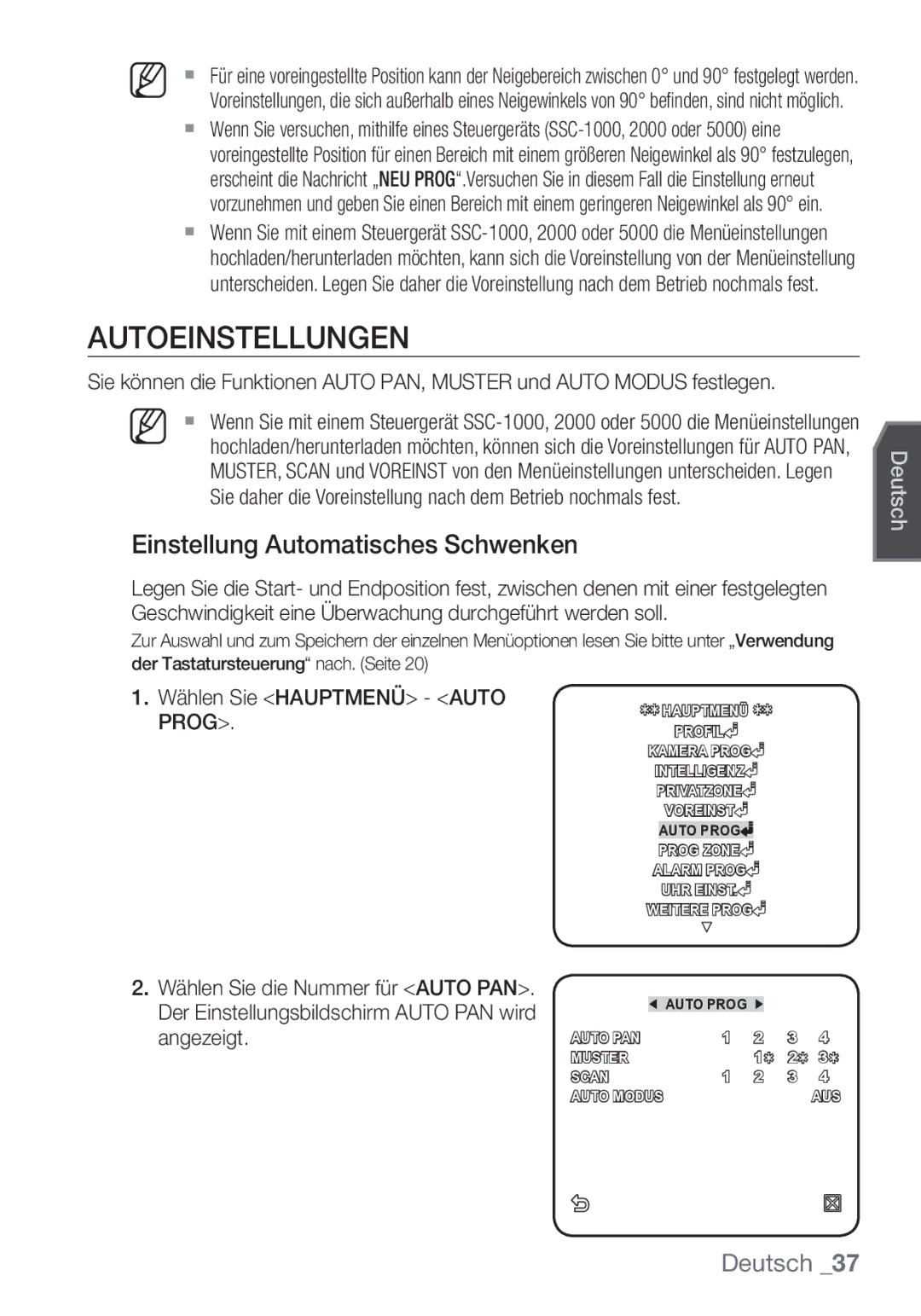 Samsung SCC-C7453P manual Autoeinstellungen, Einstellung Automatisches Schwenken, Wählen Sie Hauptmenü Auto Prog 