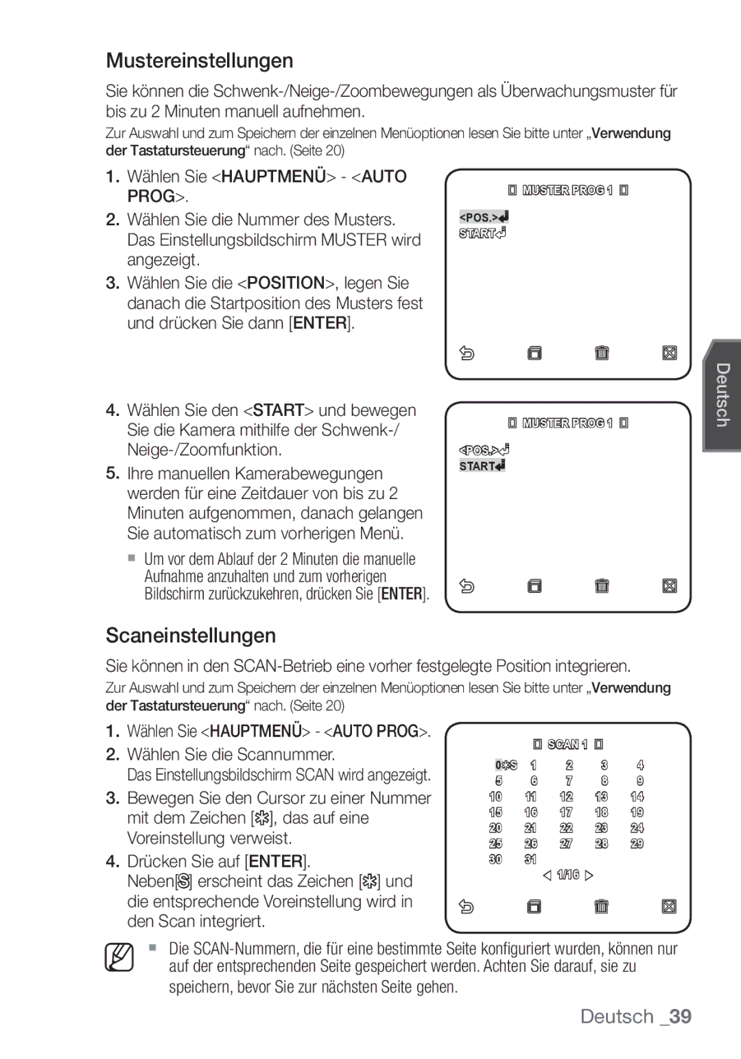 Samsung SCC-C7453P manual Mustereinstellungen, Scaneinstellungen, Wählen Sie Hauptmenü Auto Prog Wählen Sie die Scannummer 