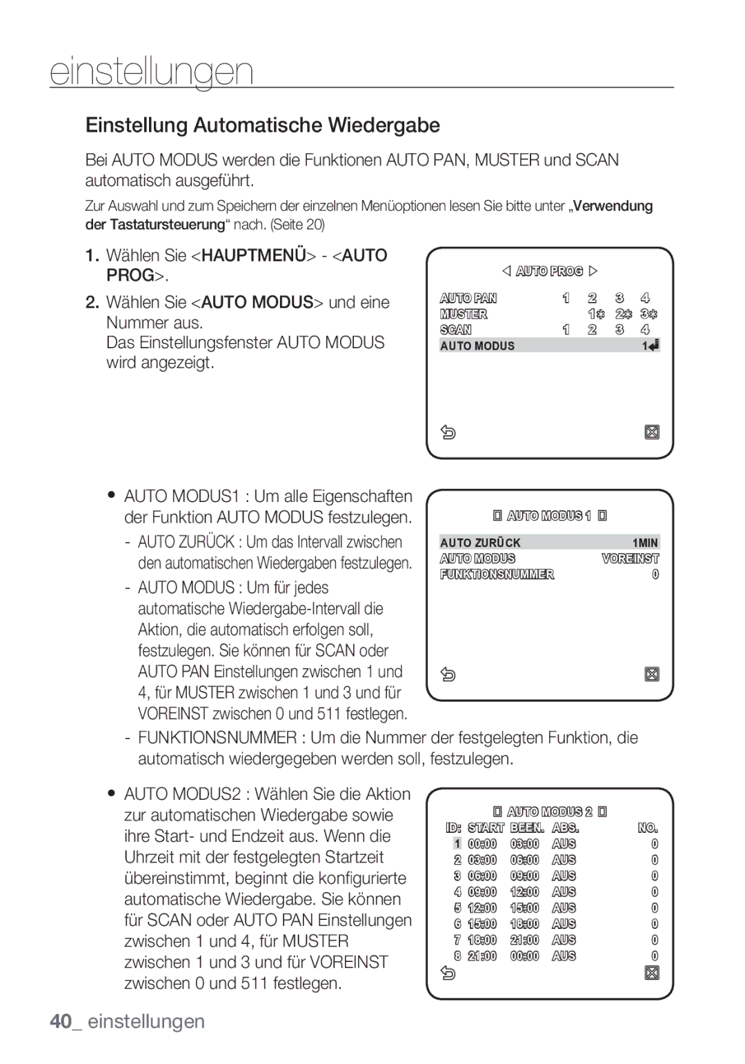 Samsung SCC-C7453P manual Einstellung Automatische Wiedergabe 