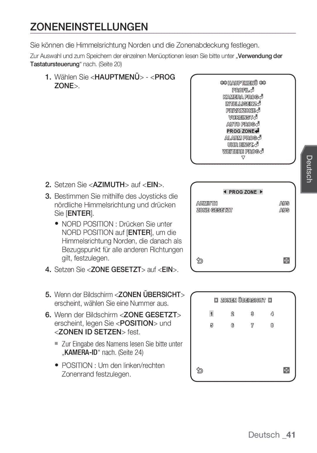 Samsung SCC-C7453P manual Zoneneinstellungen, Wählen Sie Hauptmenü Prog, Setzen Sie Azimuth auf EIN 