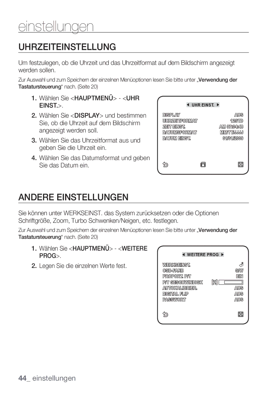 Samsung SCC-C7453P manual Uhrzeiteinstellung, Andere Einstellungen, Wählen Sie Hauptmenü UHR Einst 