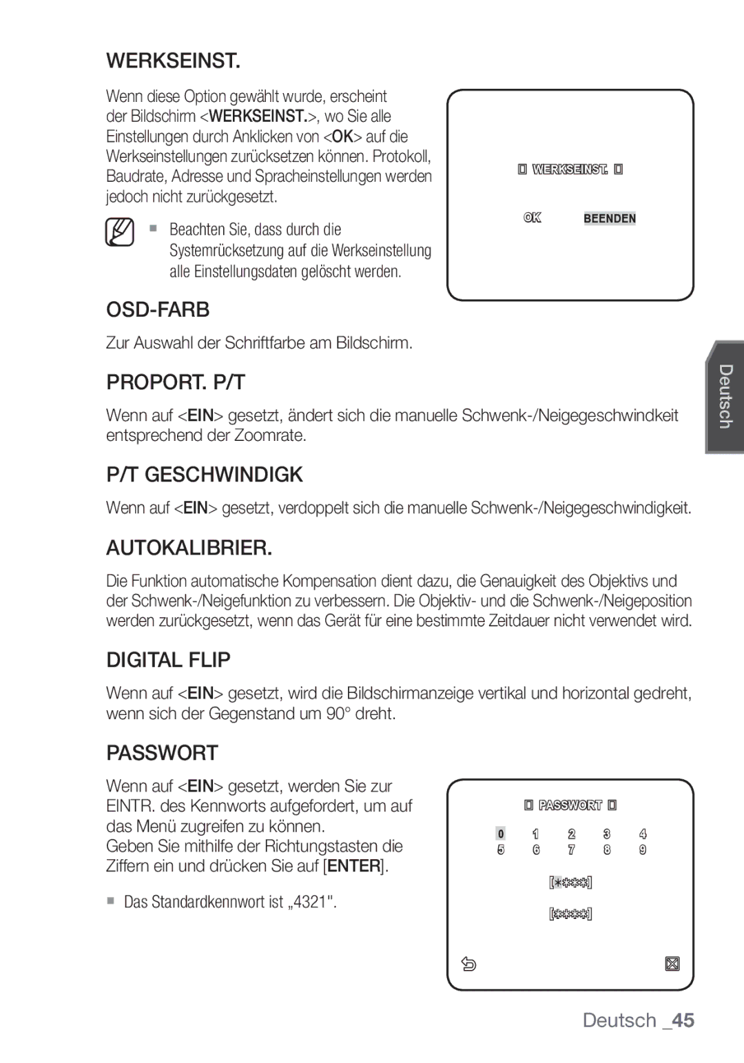 Samsung SCC-C7453P manual Werkseinst, Osd-Farb, Proport. P/T, Geschwindigk, Autokalibrier, Digital Flip, Passwort 