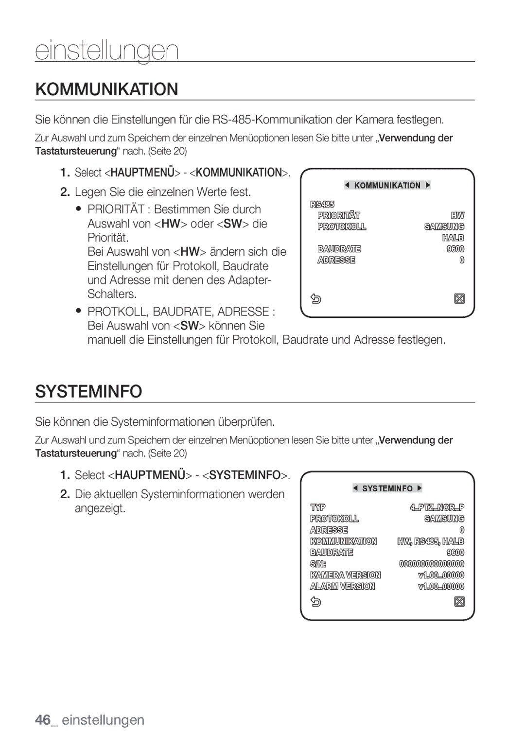 Samsung SCC-C7453P manual Kommunikation, Sie können die Systeminformationen überprüfen 