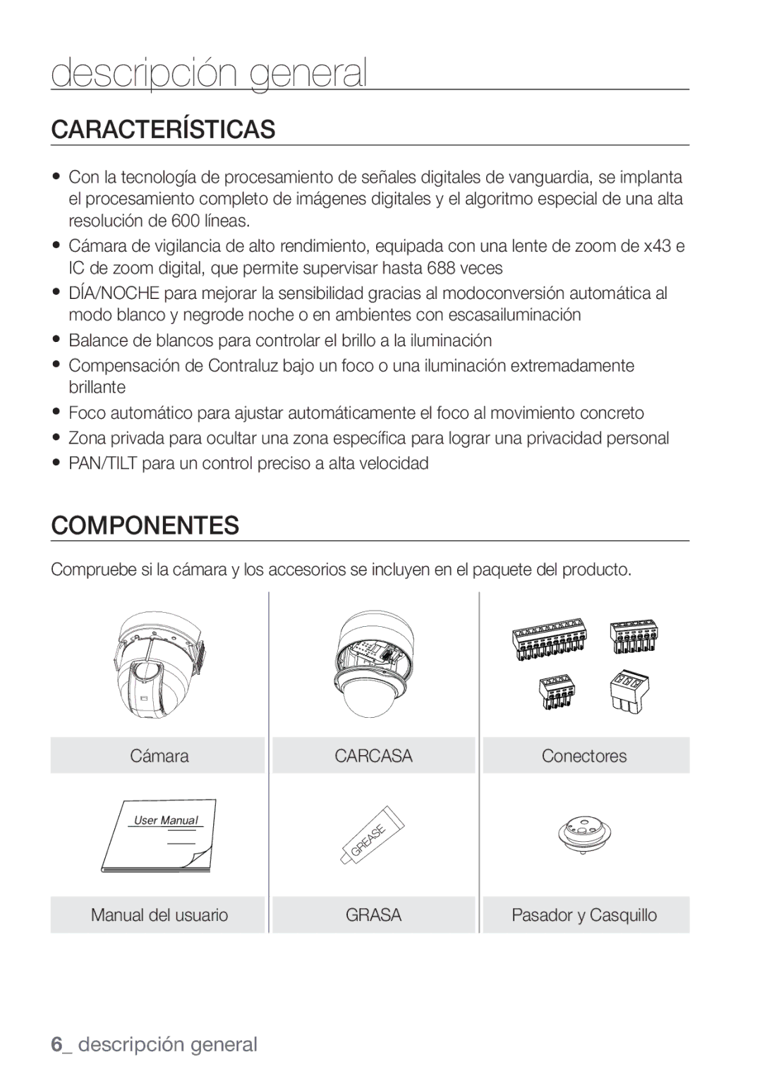 Samsung SCC-C7453P manual Características, Componentes, Carcasa, Grasa 