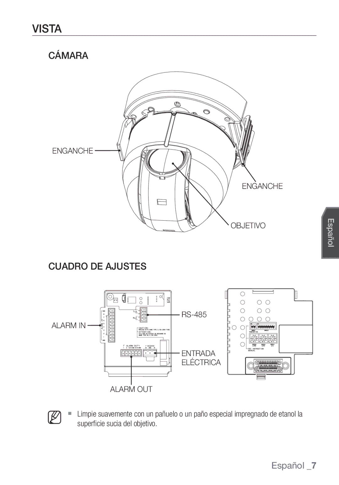 Samsung SCC-C7453P manual Vista, Cámara, Cuadro DE Ajustes, Enganche Objetivo, Alarm Entrada Eléctrica Alarm OUT 