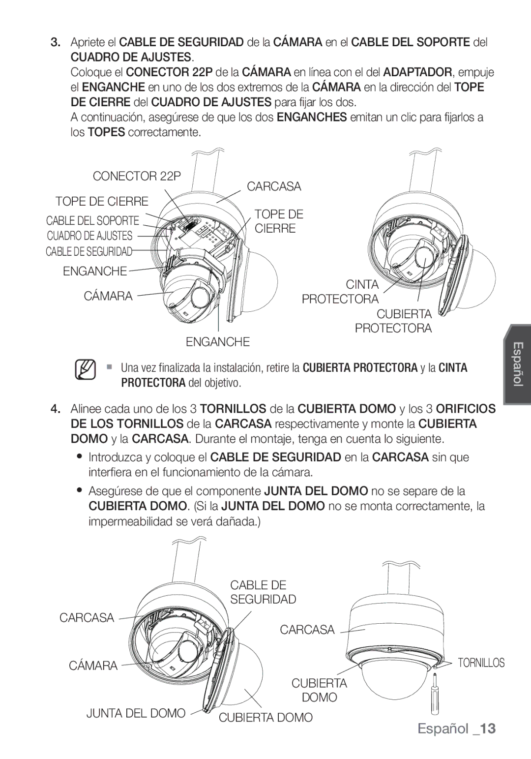 Samsung SCC-C7453P manual Cuadro DE Ajustes, Cable DE, Seguridad, Carcasa Cámara, Junta DEL Domo Cubierta Domo 