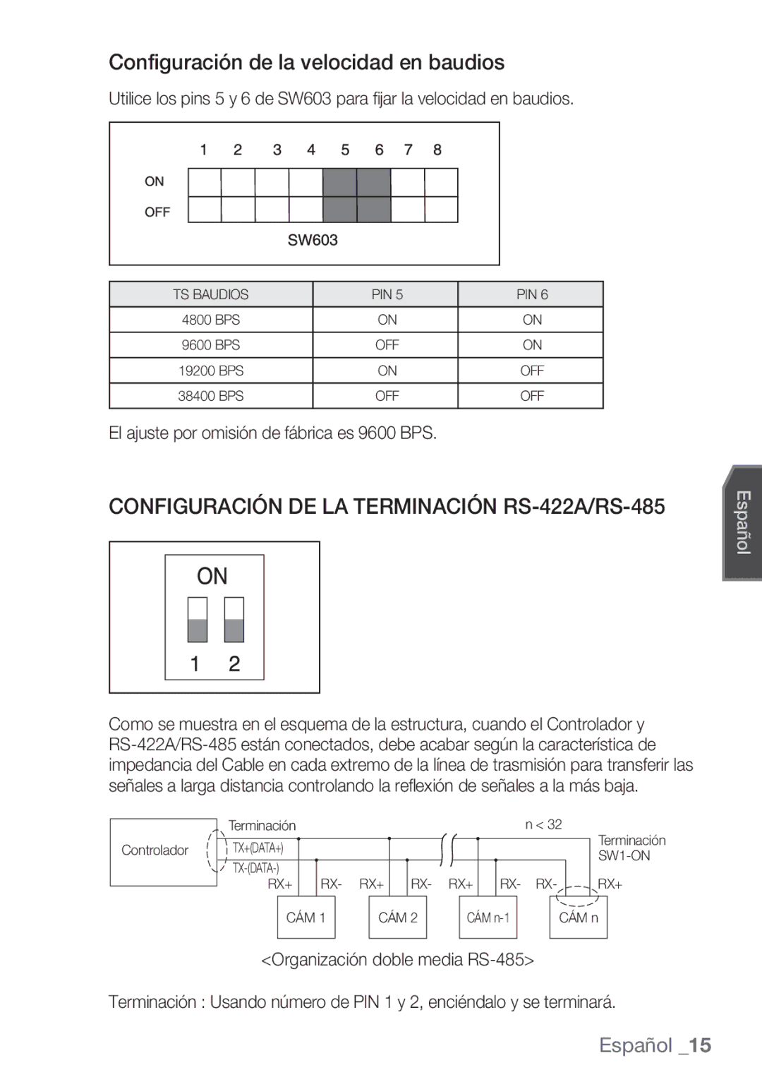 Samsung SCC-C7453P manual Configuración de la velocidad en baudios, Configuración DE LA Terminación RS-422A/RS-485 