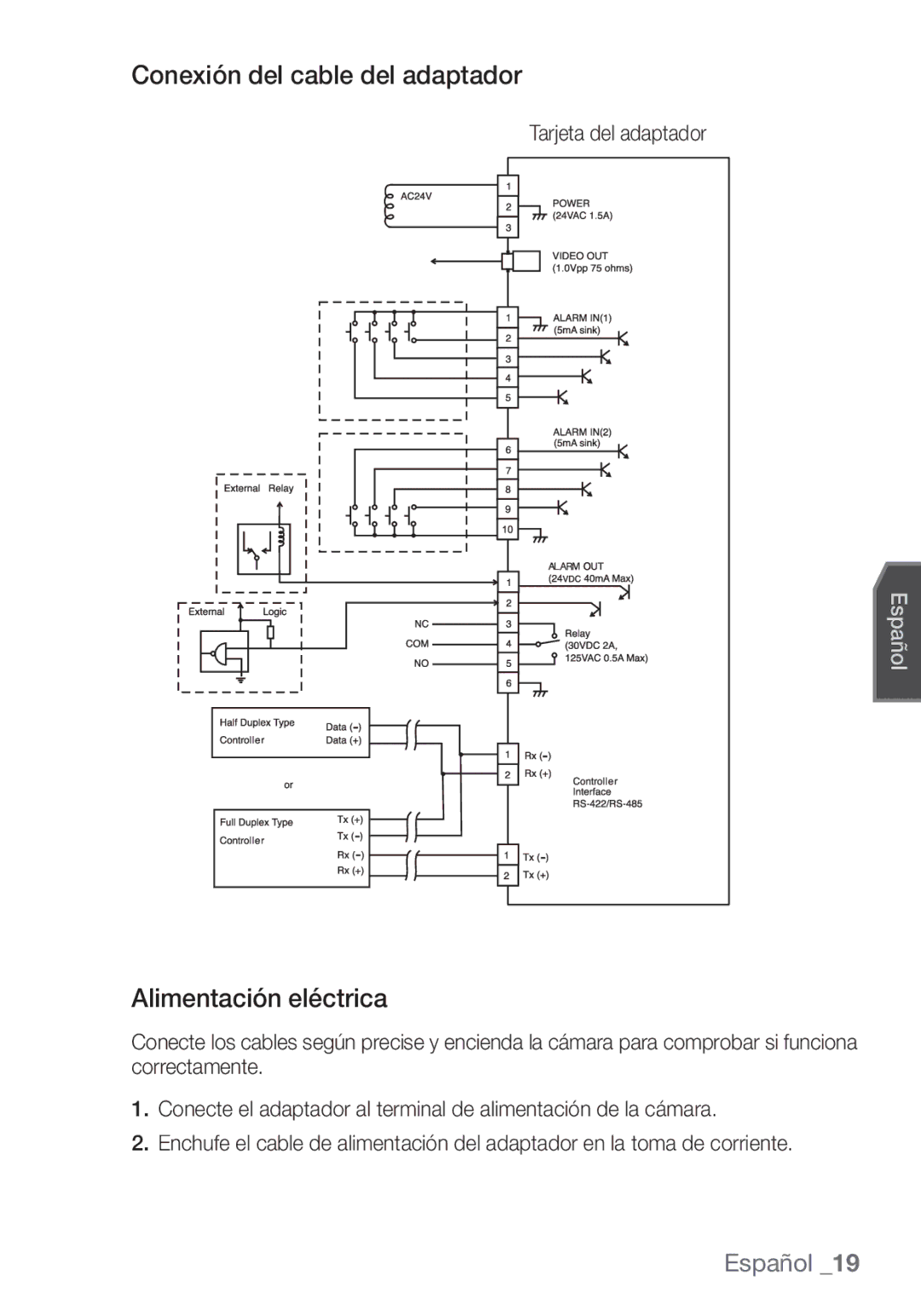 Samsung SCC-C7453P manual Conexión del cable del adaptador, Alimentación eléctrica, Tarjeta del adaptador 