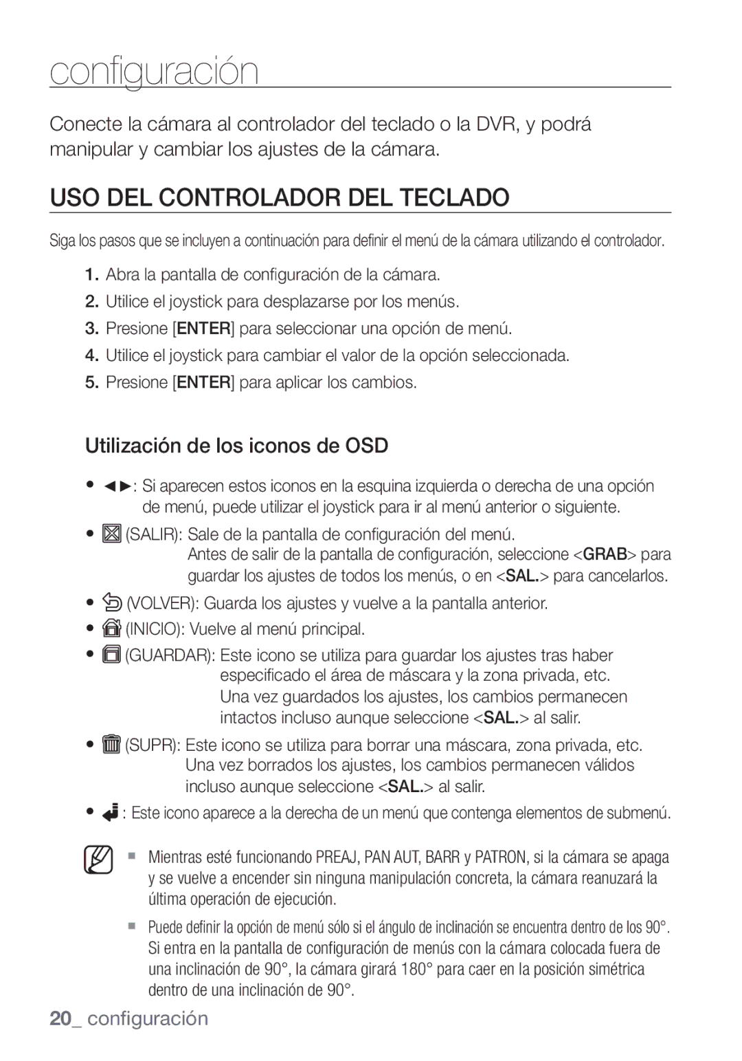 Samsung SCC-C7453P manual Configuración, USO DEL Controlador DEL Teclado, Utilización de los iconos de OSD 