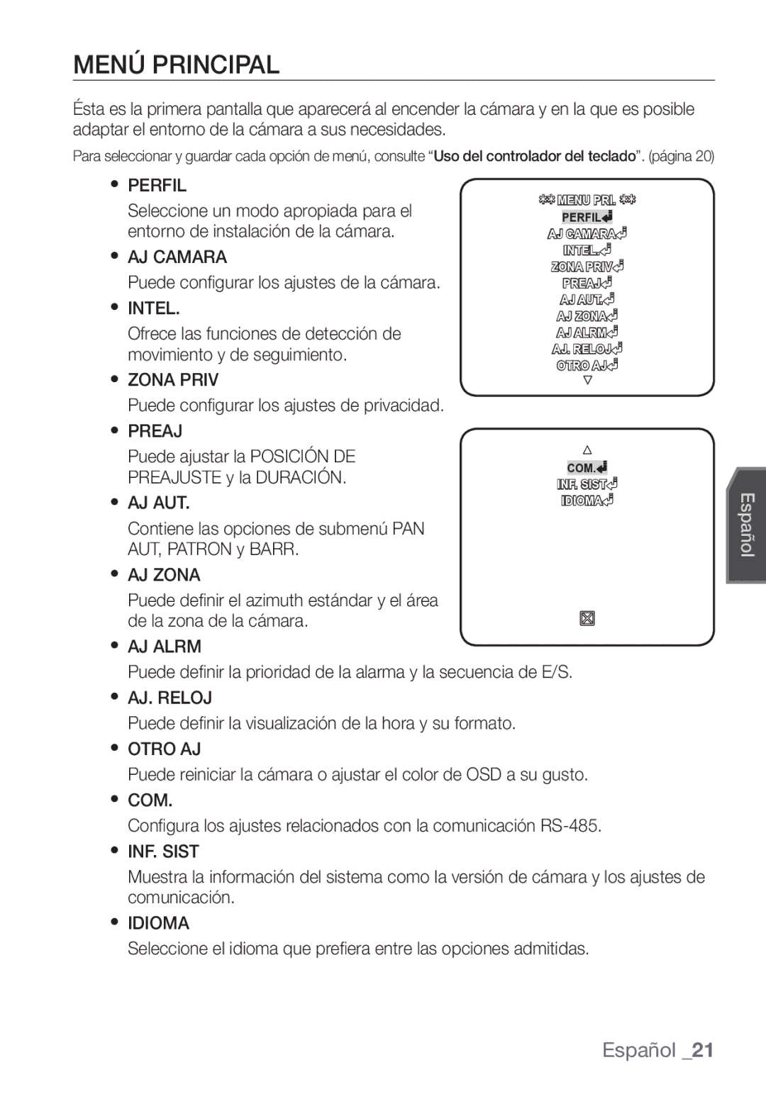 Samsung SCC-C7453P manual Menú Principal, Perfil 