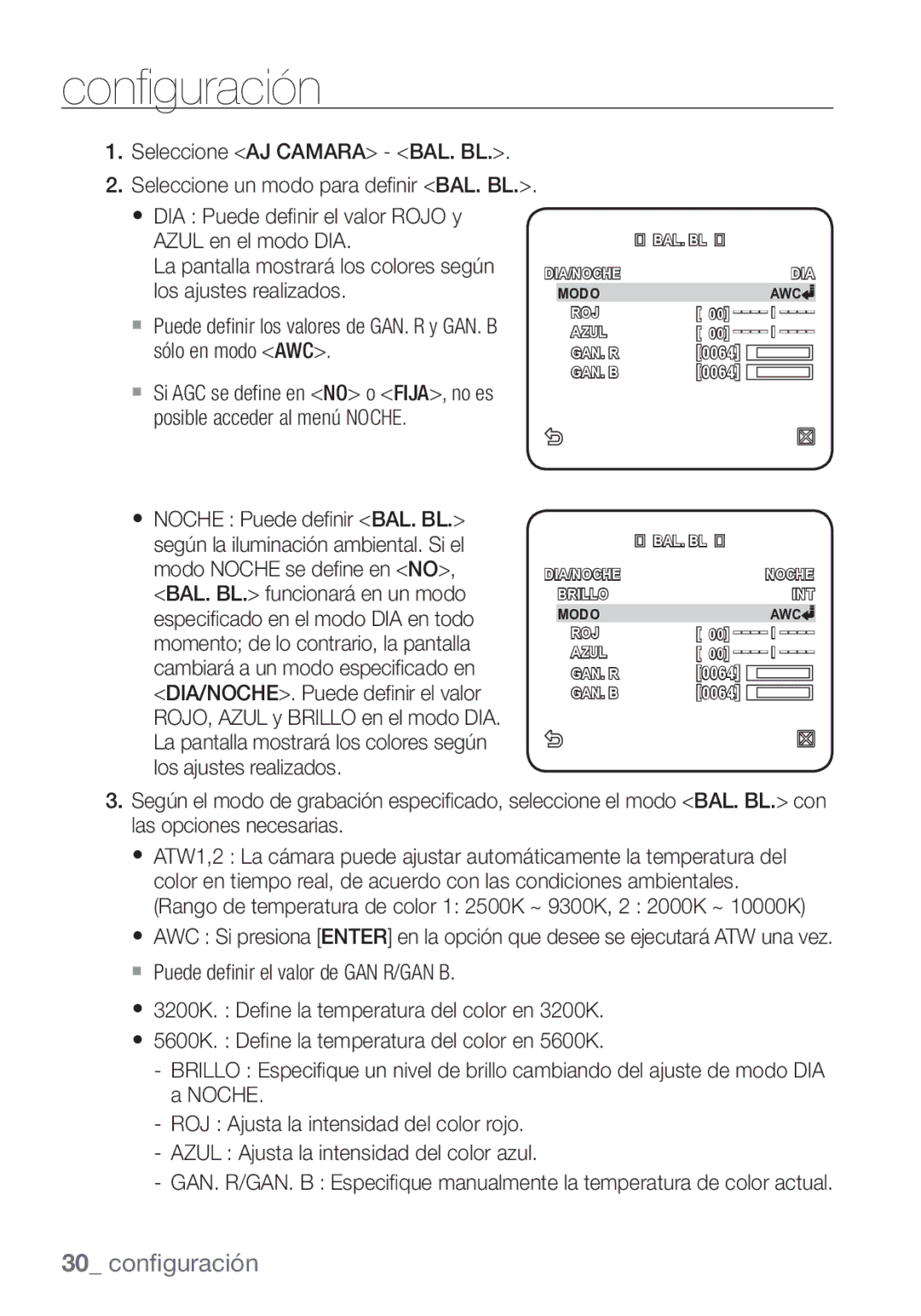 Samsung SCC-C7453P manual Seleccione AJ Camara BAL. BL 