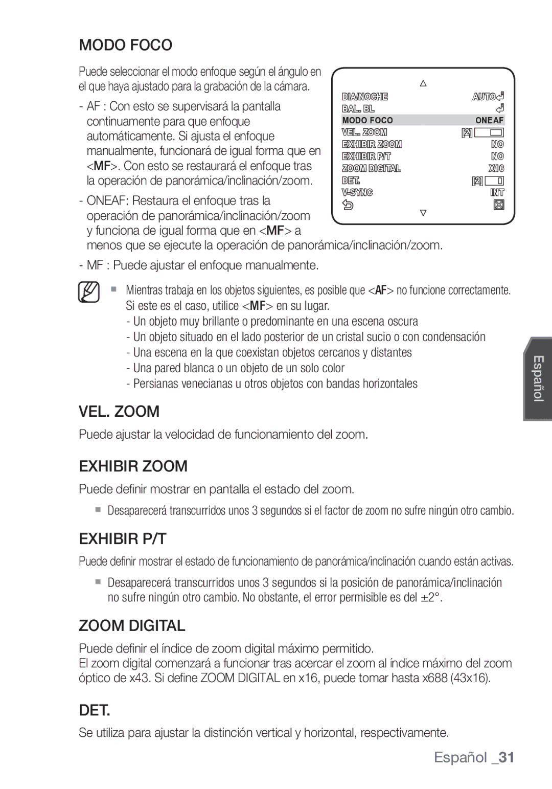 Samsung SCC-C7453P manual Modo Foco, VEL. Zoom, Exhibir Zoom, Exhibir P/T, Zoom Digital, Det 