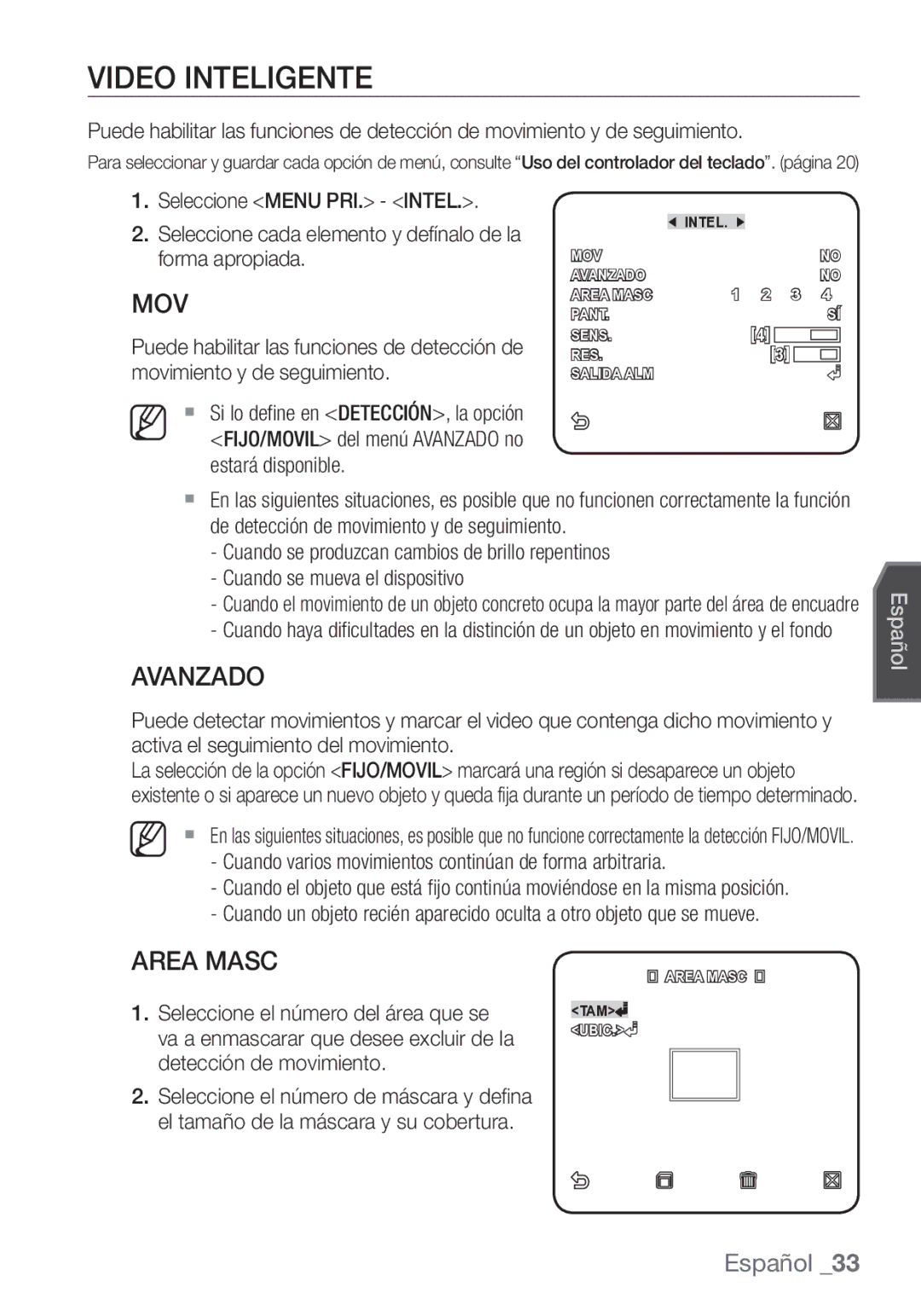 Samsung SCC-C7453P manual Video Inteligente, Avanzado, Area Masc 