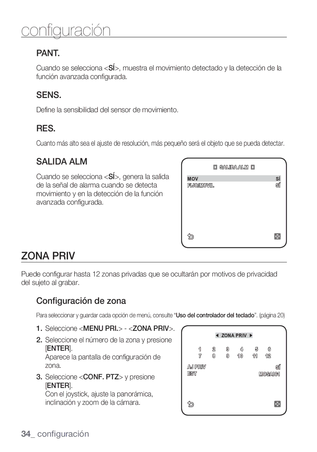 Samsung SCC-C7453P manual Zona Priv, Pant, Sens, Res, Salida ALM 