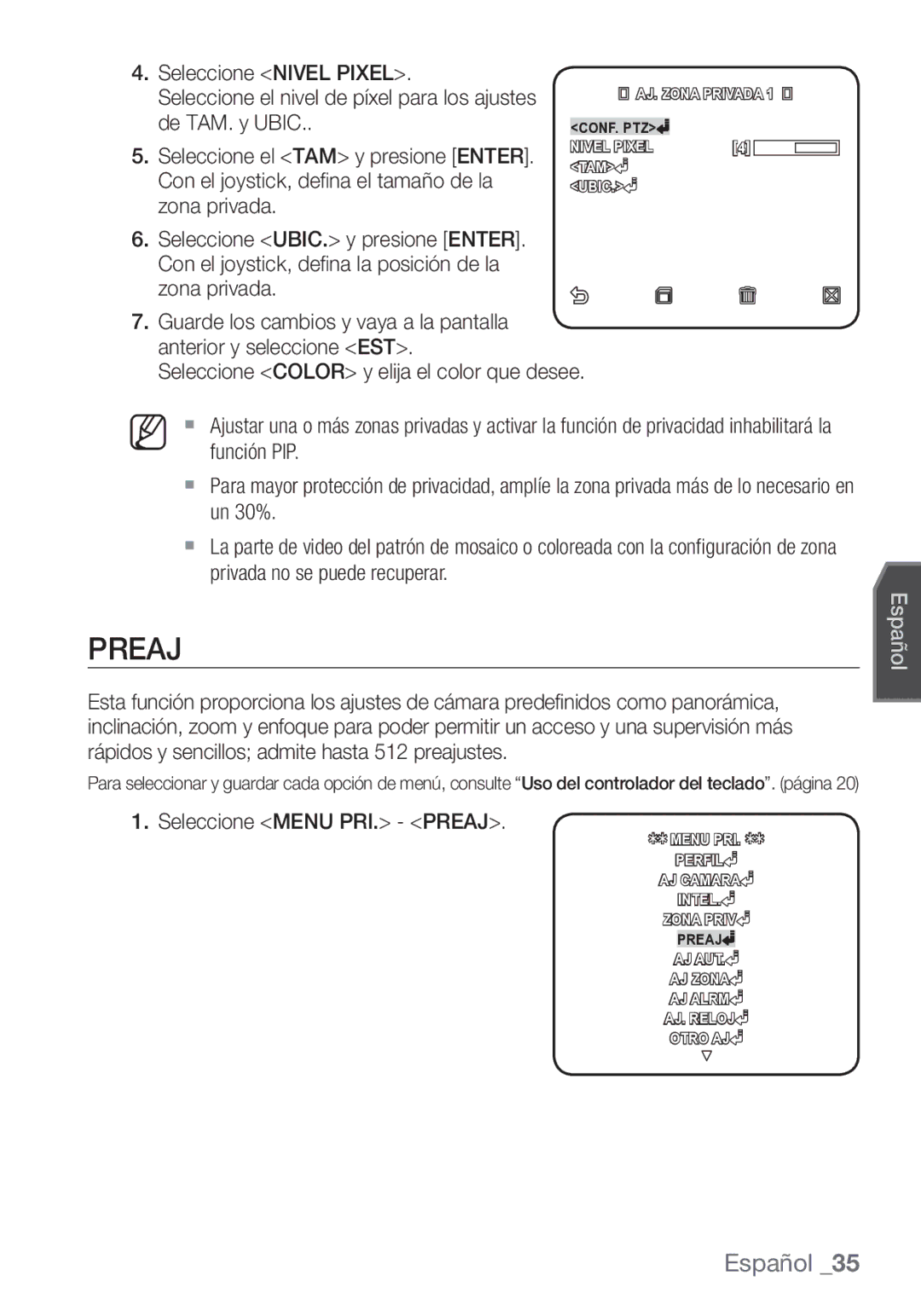 Samsung SCC-C7453P Preaj, De TAM. y Ubic, Seleccione el TAM y presione Enter, Con el joystick, deﬁ na el tamaño de la 