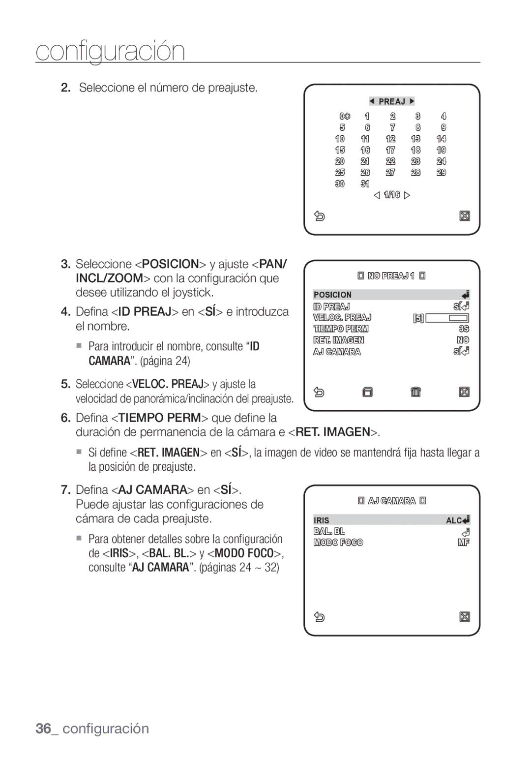 Samsung SCC-C7453P manual Seleccione Posicion y ajuste PAN, Deﬁ na ID Preaj en SÍ e introduzca, El nombre 