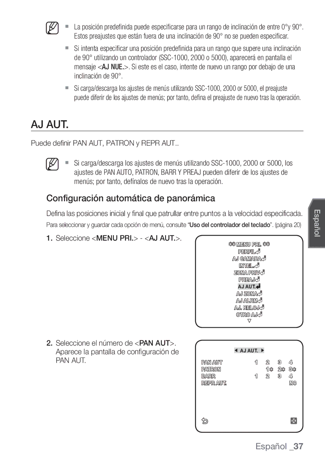 Samsung SCC-C7453P manual Aj Aut, Configuración automática de panorámica, Puede definir PAN AUT, Patron y Repr AUT, Pan Aut 