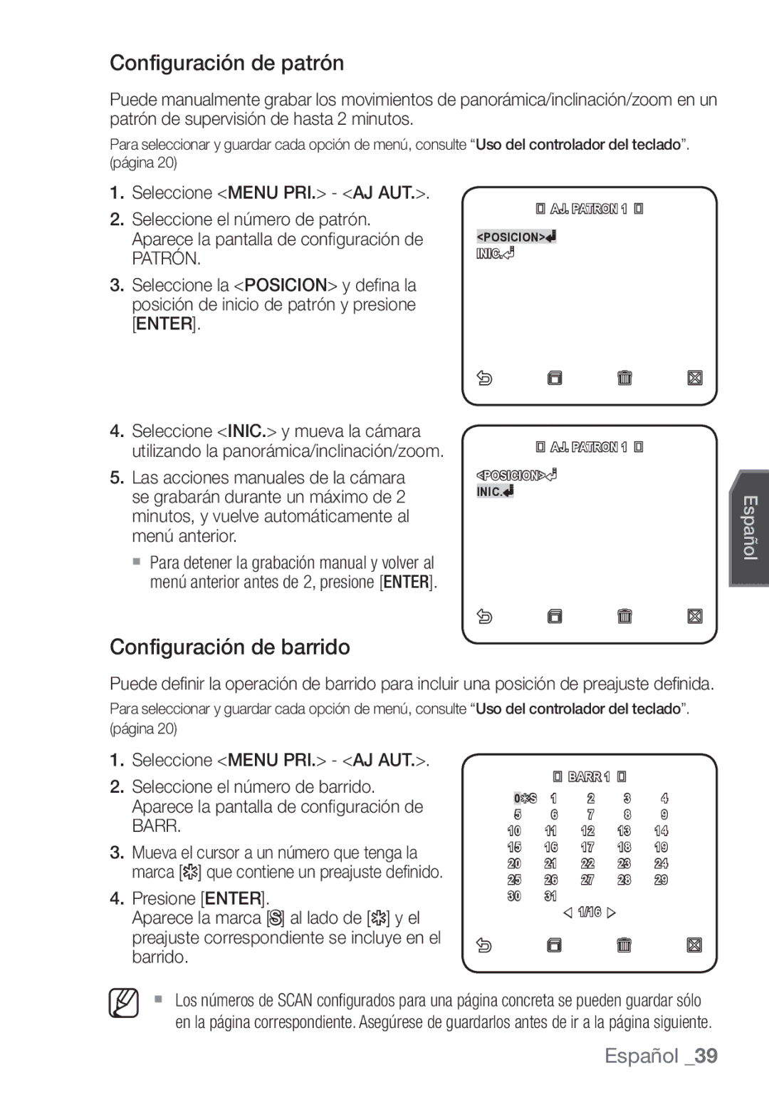 Samsung SCC-C7453P manual Configuración de patrón, Configuración de barrido, Patrón 