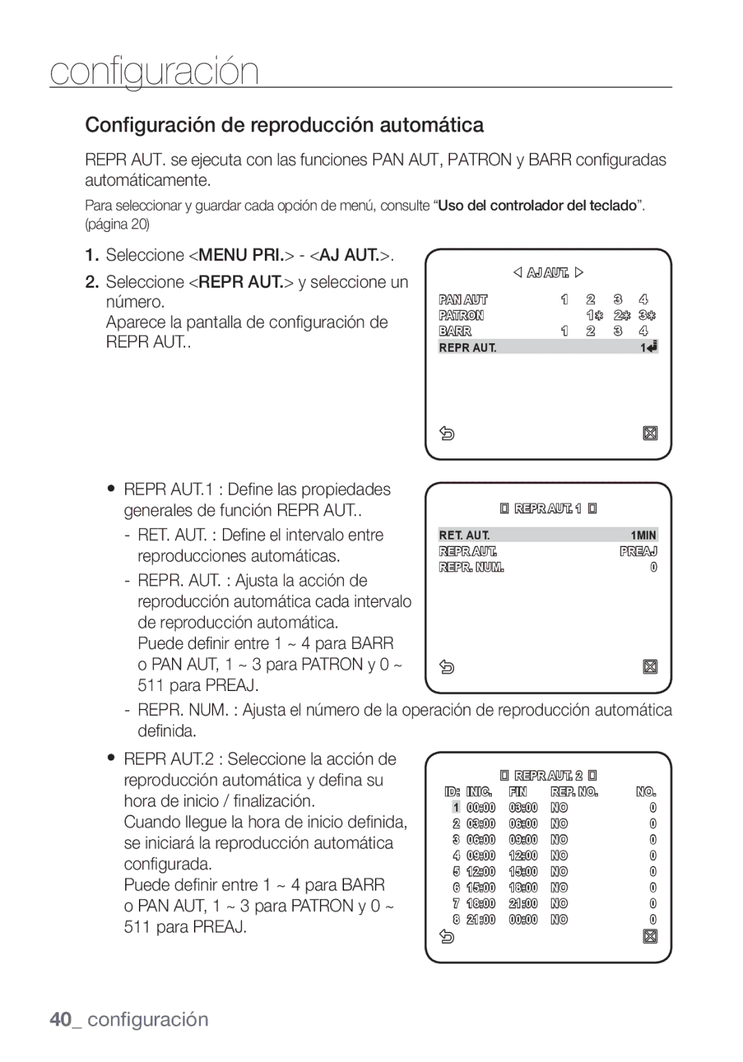 Samsung SCC-C7453P manual Configuración de reproducción automática 