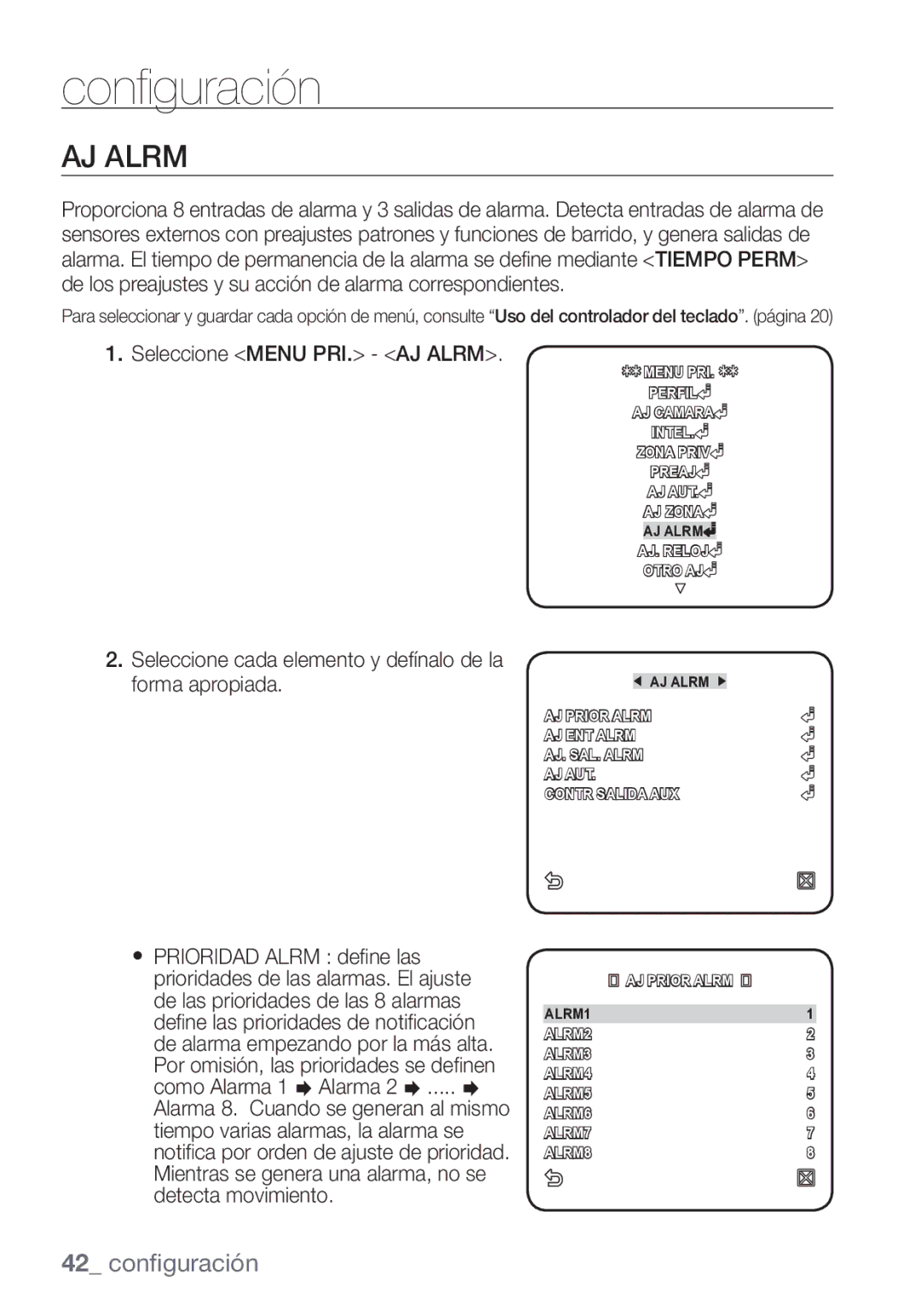 Samsung SCC-C7453P manual Seleccione Menu PRI. AJ Alrm 