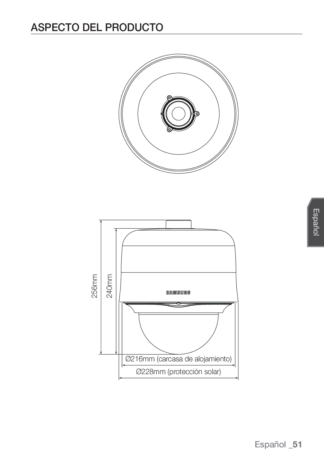 Samsung SCC-C7453P manual Aspecto DEL Producto, Ø216mm carcasa de alojamiento Ø228mm protección solar 