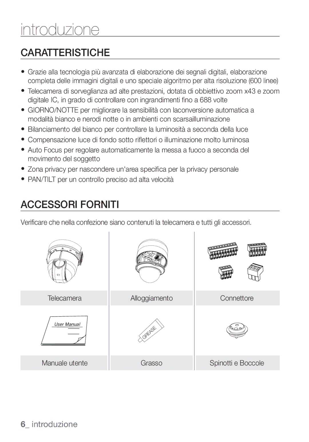 Samsung SCC-C7453P manual Caratteristiche, Accessori Forniti 