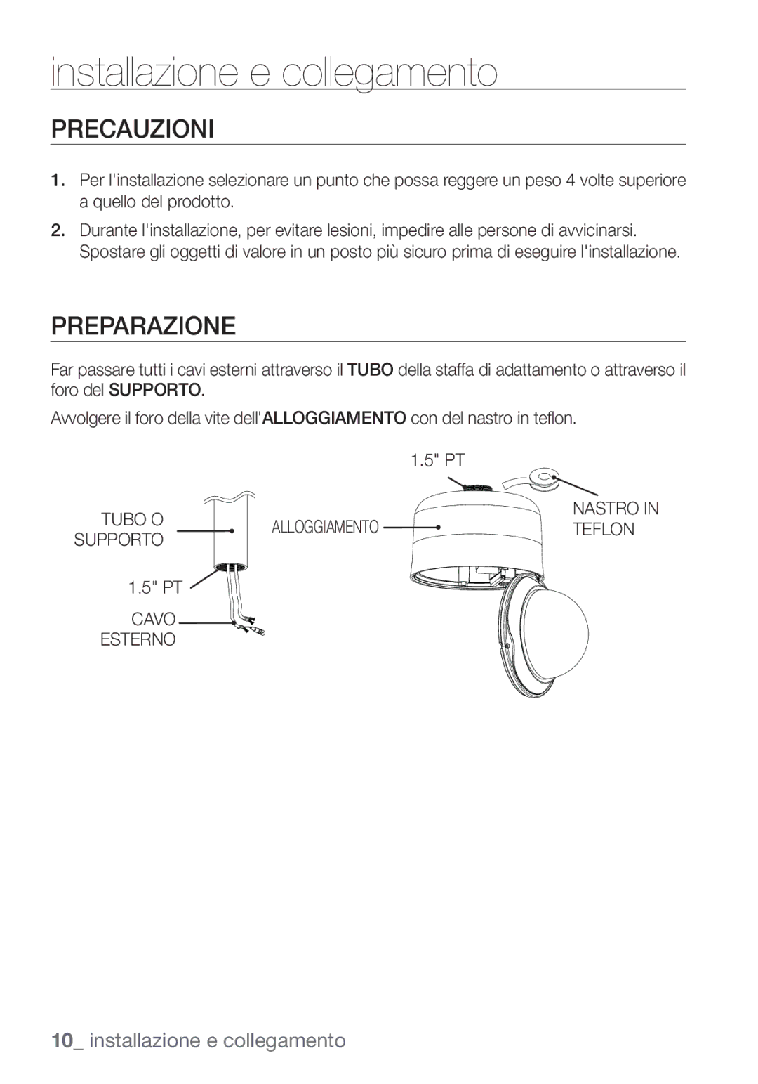 Samsung SCC-C7453P manual Precauzioni, Preparazione, Nastro Tubo Oalloggiamento Teflon Supporto Cavo Esterno 