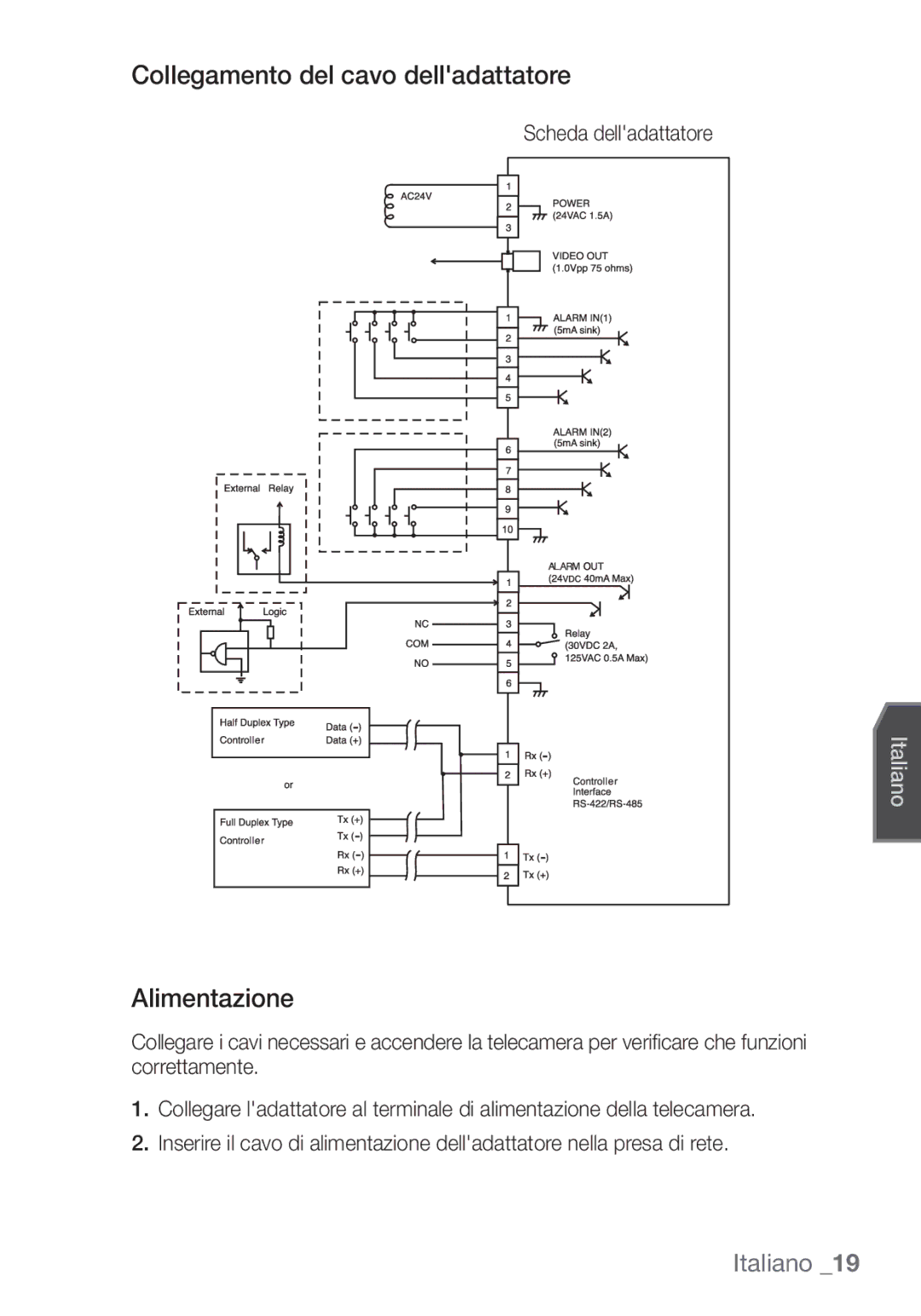 Samsung SCC-C7453P manual Collegamento del cavo delladattatore, Alimentazione, Scheda delladattatore 