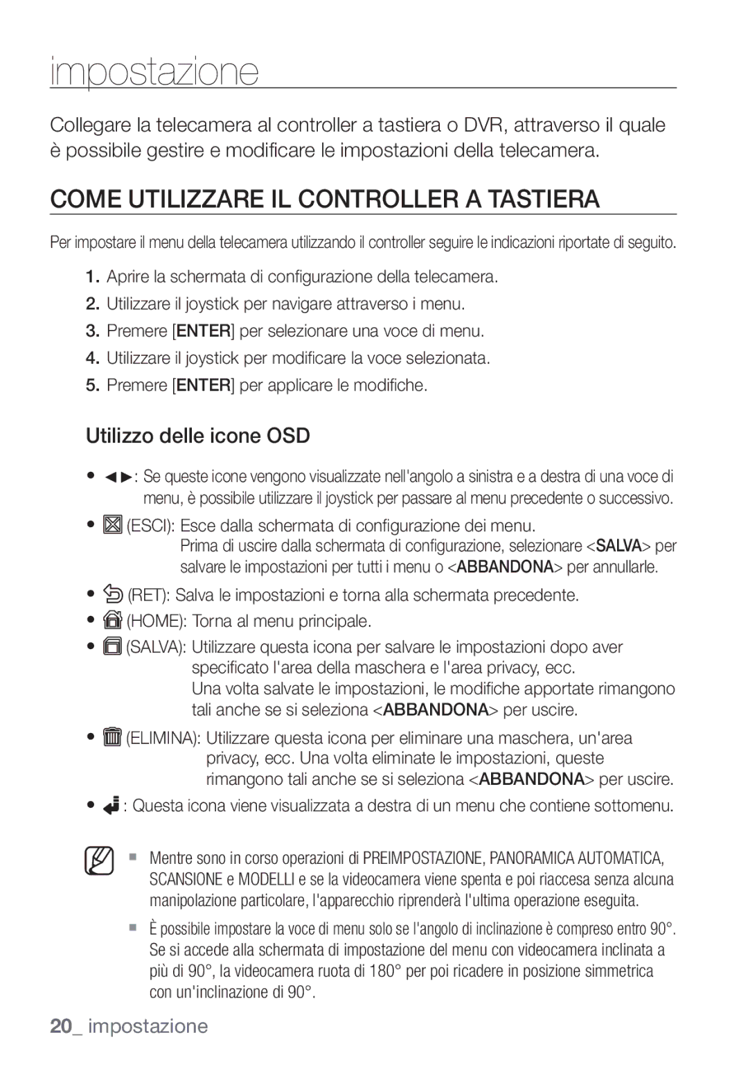 Samsung SCC-C7453P manual Impostazione, Come Utilizzare IL Controller a Tastiera, Utilizzo delle icone OSD 