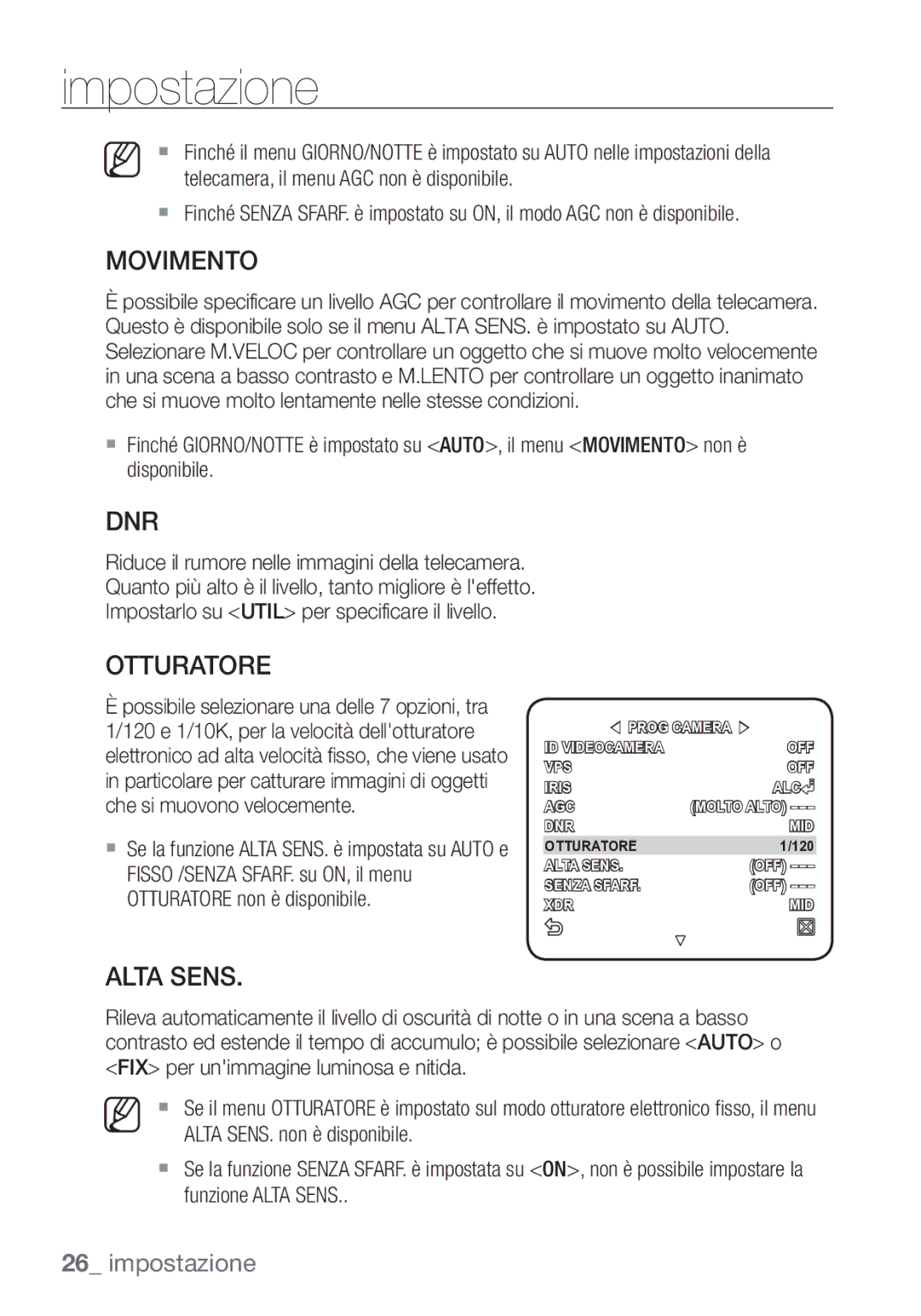 Samsung SCC-C7453P manual Movimento, Otturatore, Alta Sens 