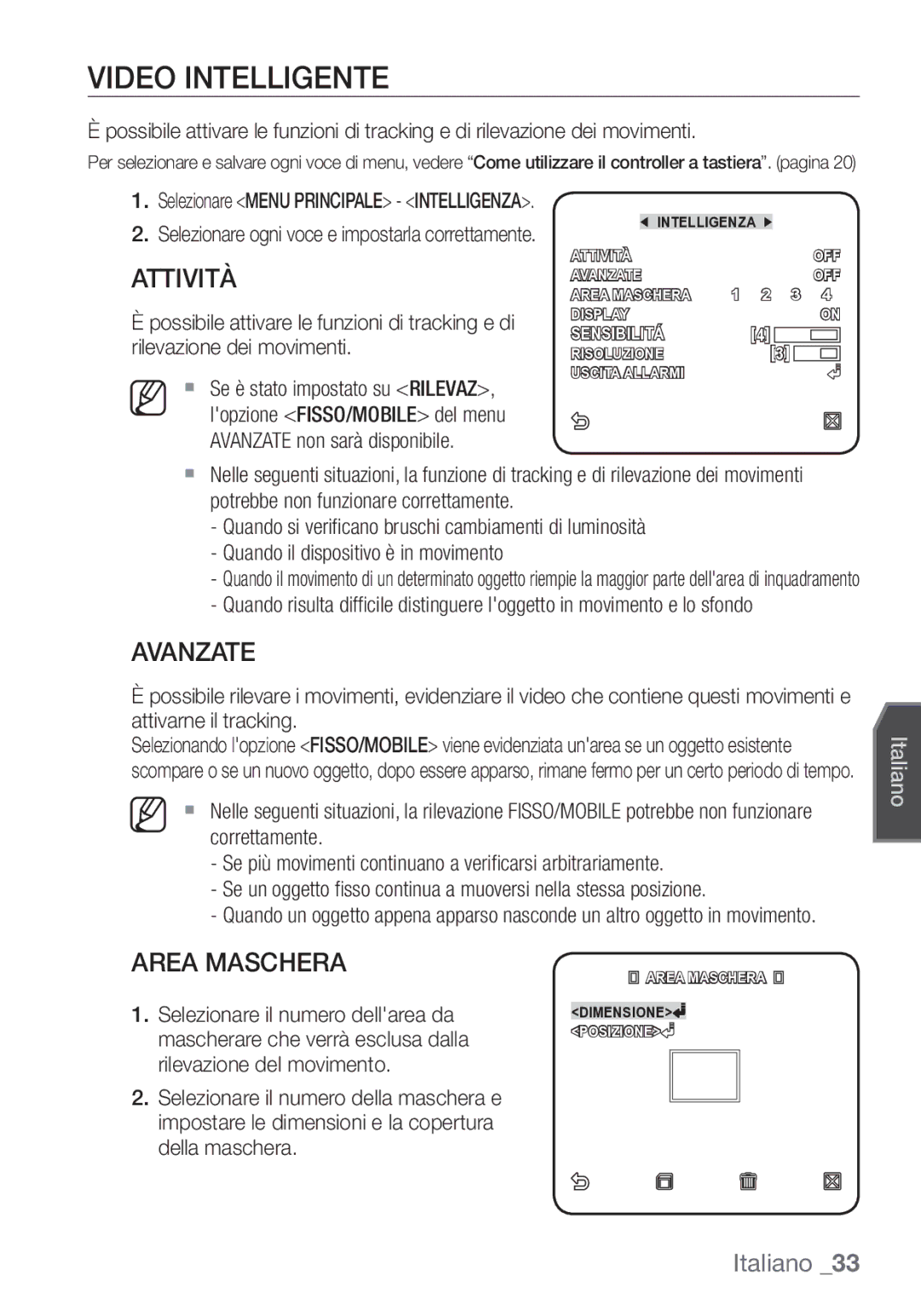 Samsung SCC-C7453P manual Video Intelligente, Attività, Avanzate, Area Maschera 