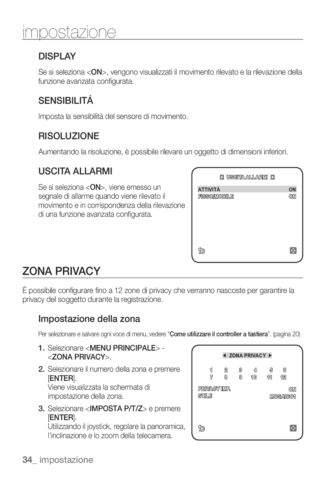 Samsung SCC-C7453P manual Zona Privacy, Sensibilitá, Risoluzione, Uscita Allarmi, Impostazione della zona 