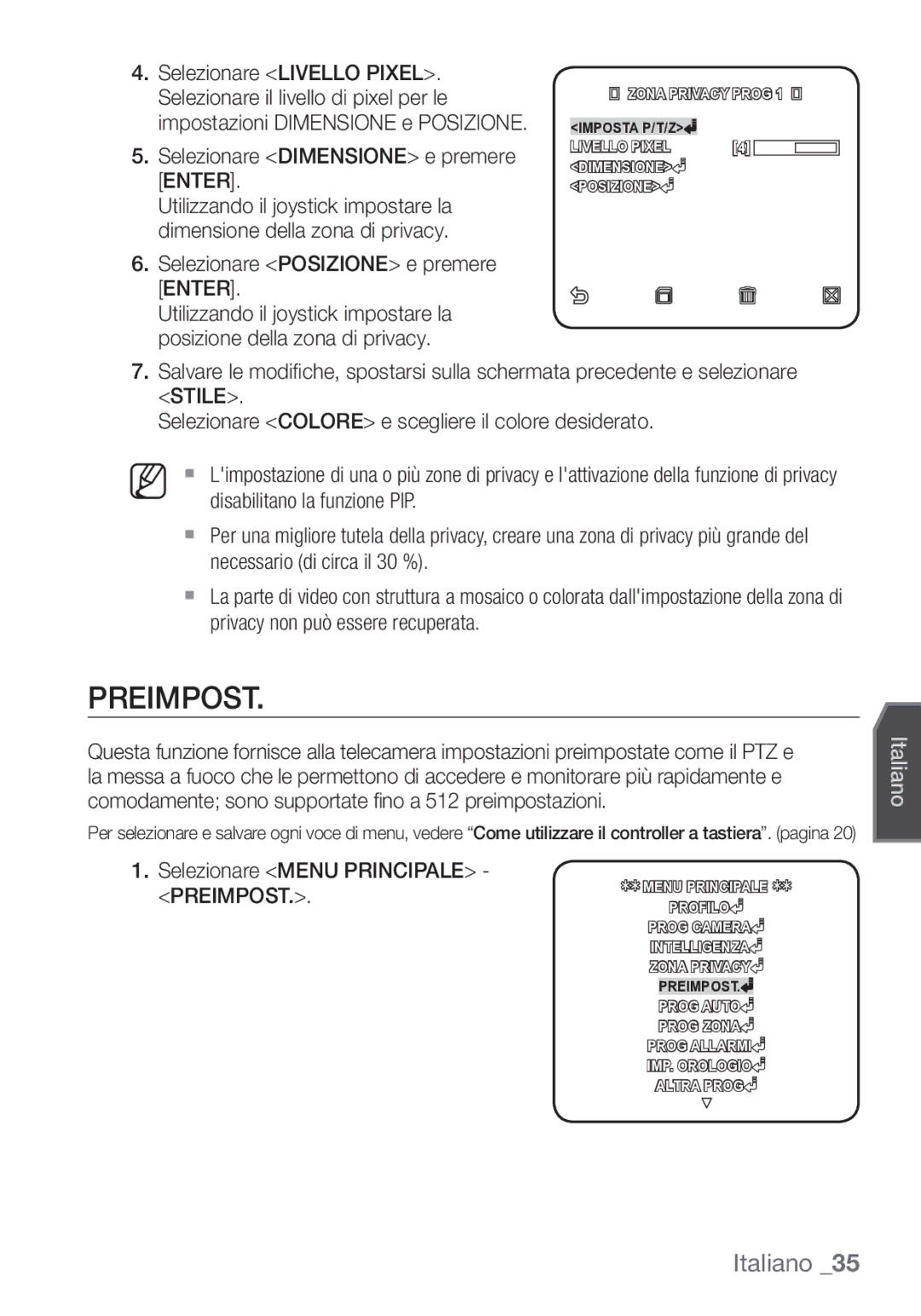 Samsung SCC-C7453P manual Preimpost, Selezionare Dimensione e premere Enter, Selezionare Posizione e premere Enter 