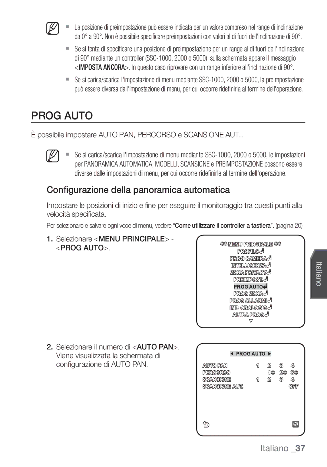 Samsung SCC-C7453P manual Prog Auto, Configurazione della panoramica automatica 