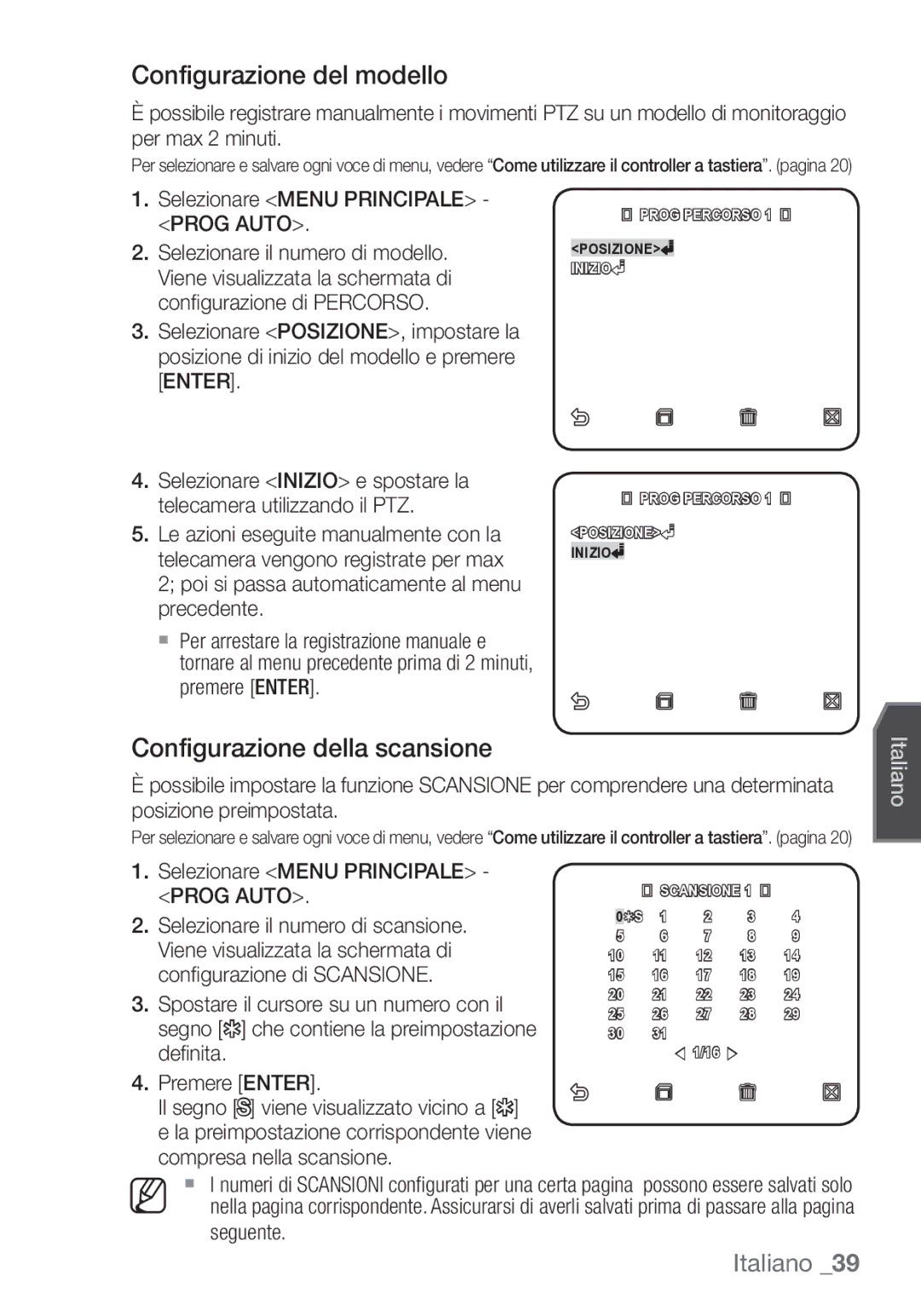 Samsung SCC-C7453P manual Configurazione del modello, Configurazione della scansione, Prog Auto 