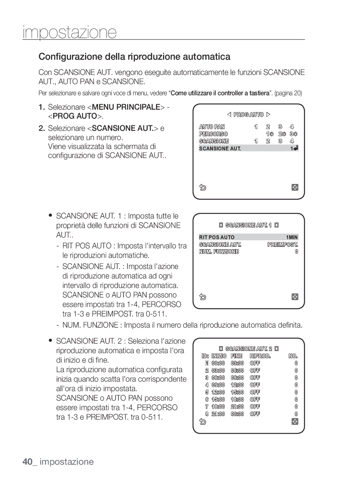 Samsung SCC-C7453P manual Configurazione della riproduzione automatica 