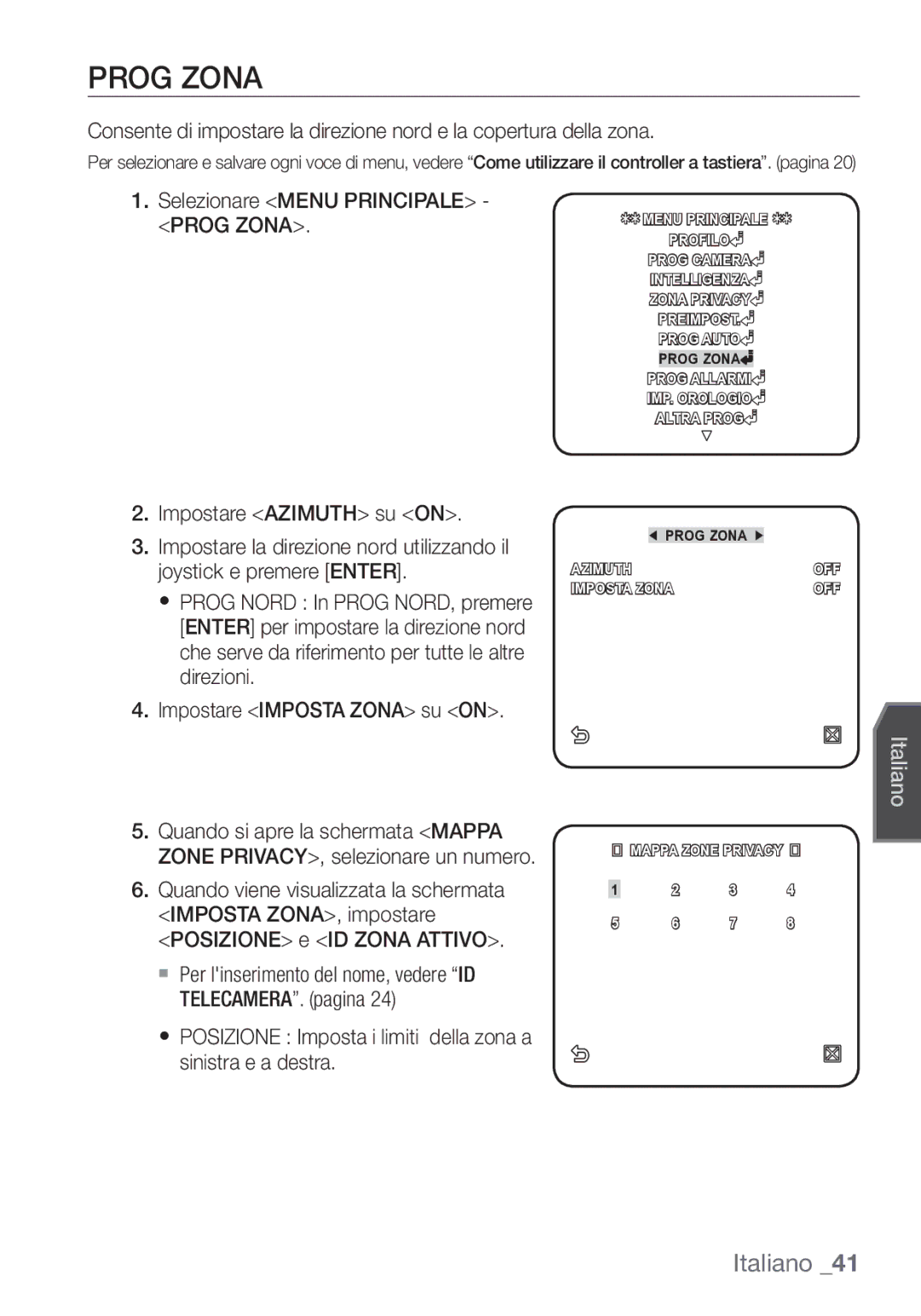 Samsung SCC-C7453P manual Selezionare Menu Principale Prog Zona, Impostare Azimuth su on 