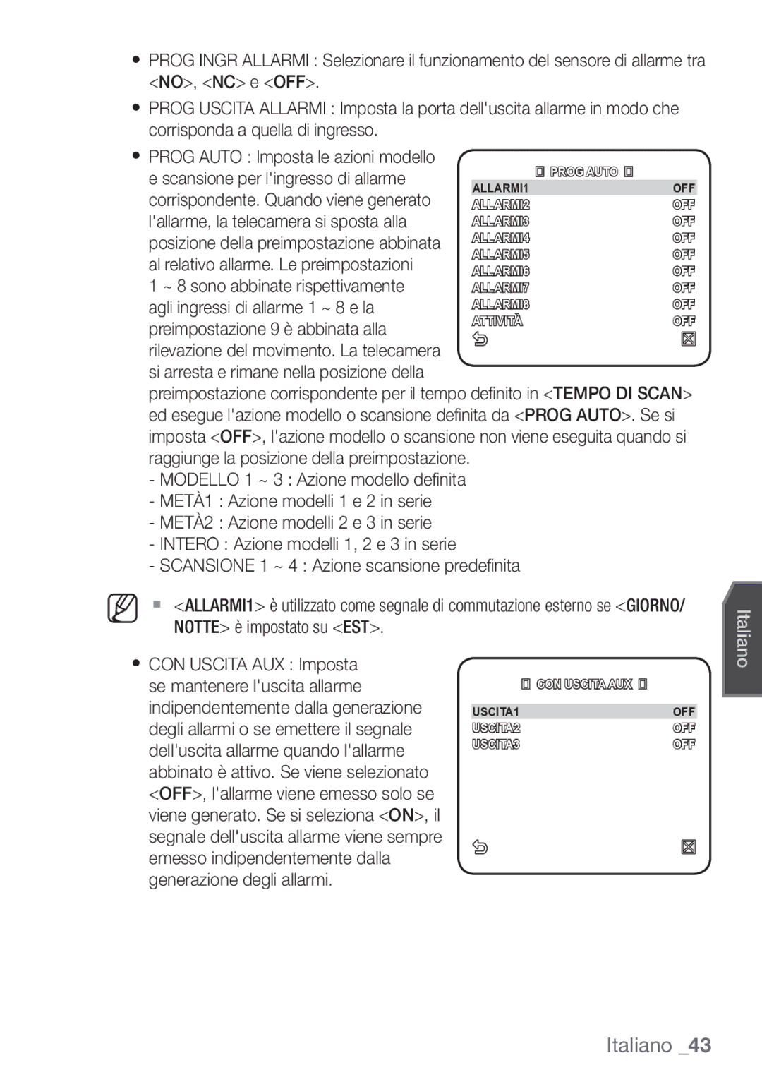 Samsung SCC-C7453P manual CON Uscita AUX USCITA1 