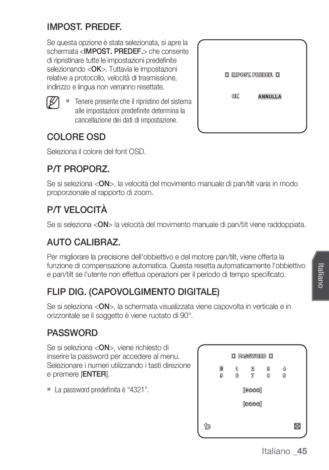 Samsung SCC-C7453P manual IMPOST. Predef, Colore OSD, Proporz, Velocità, Auto Calibraz, Flip DIG. Capovolgimento Digitale 