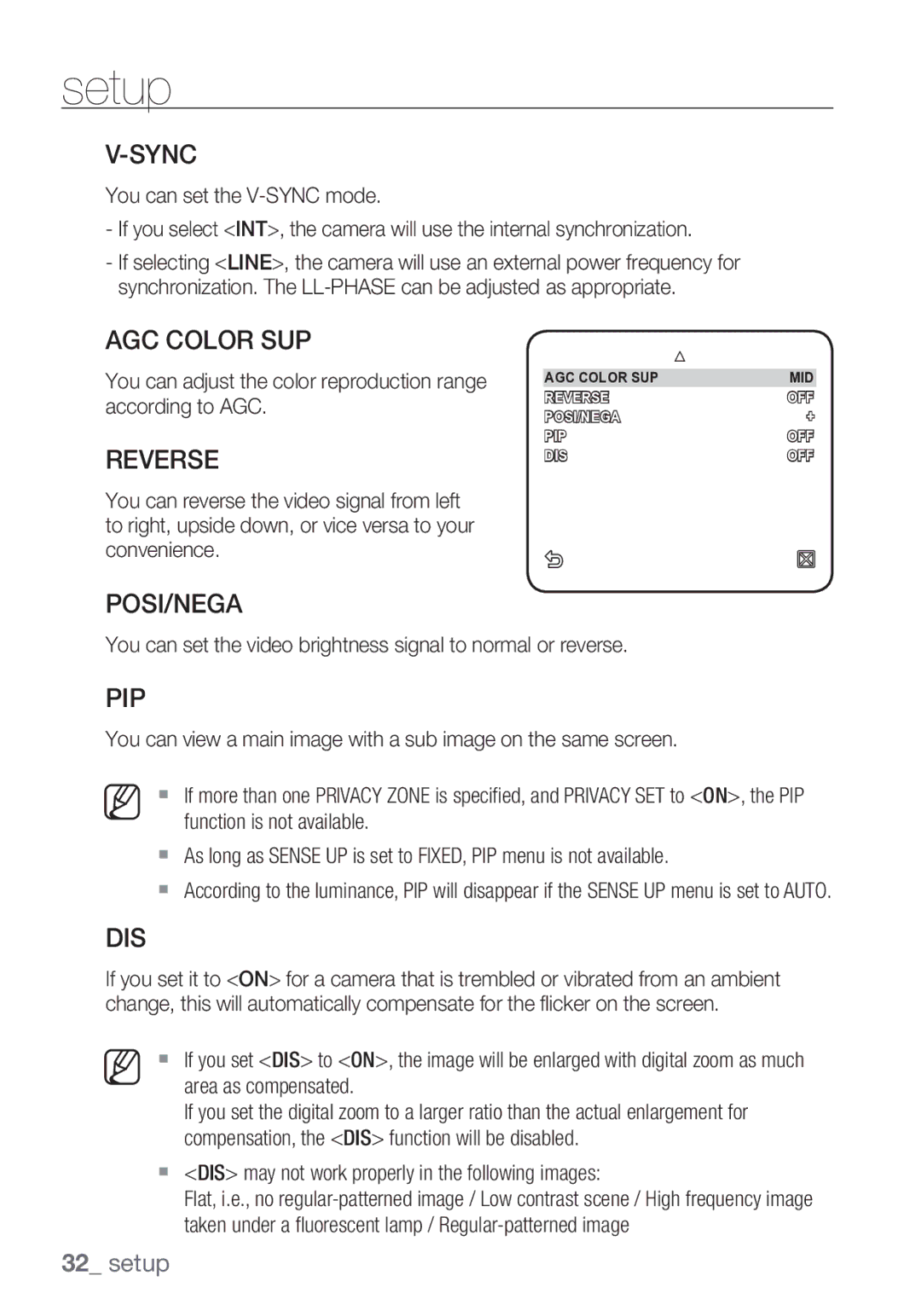 Samsung SCC-C7453P manual Sync, AGC Color SUP, Reverse, Posi/Nega, Pip, Dis 