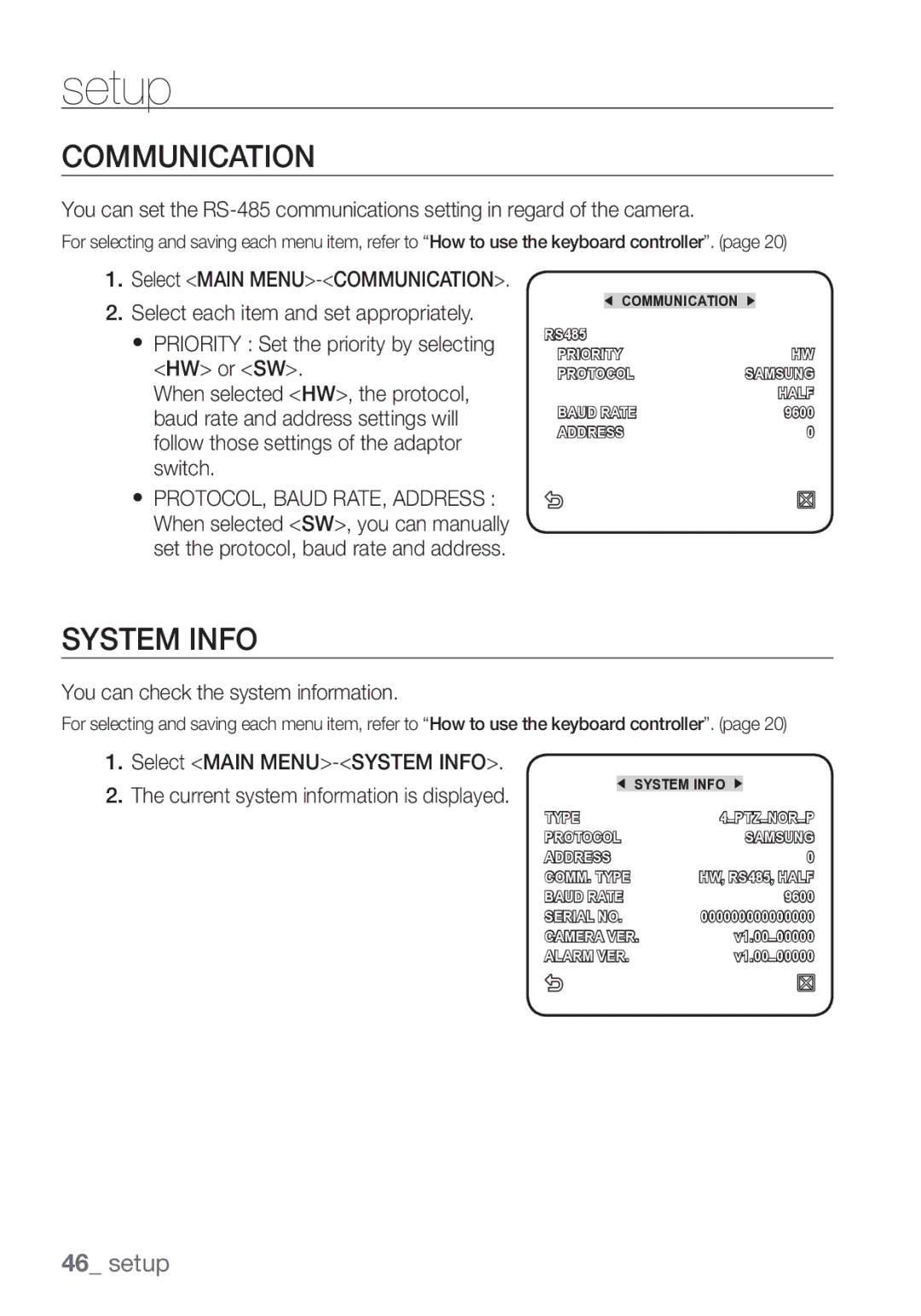 Samsung SCC-C7453P manual Communication, System Info, You can check the system information, Select Main MENU-SYSTEM Info 