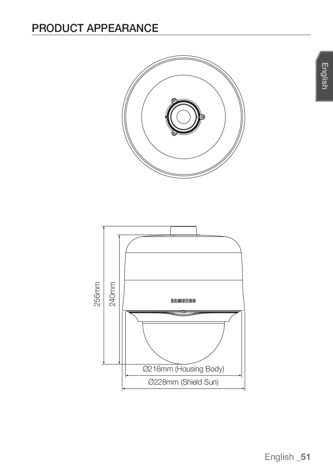 Samsung SCC-C7453P manual Product Appearance, Ø216mm Housing Body Ø228mm Shield Sun 