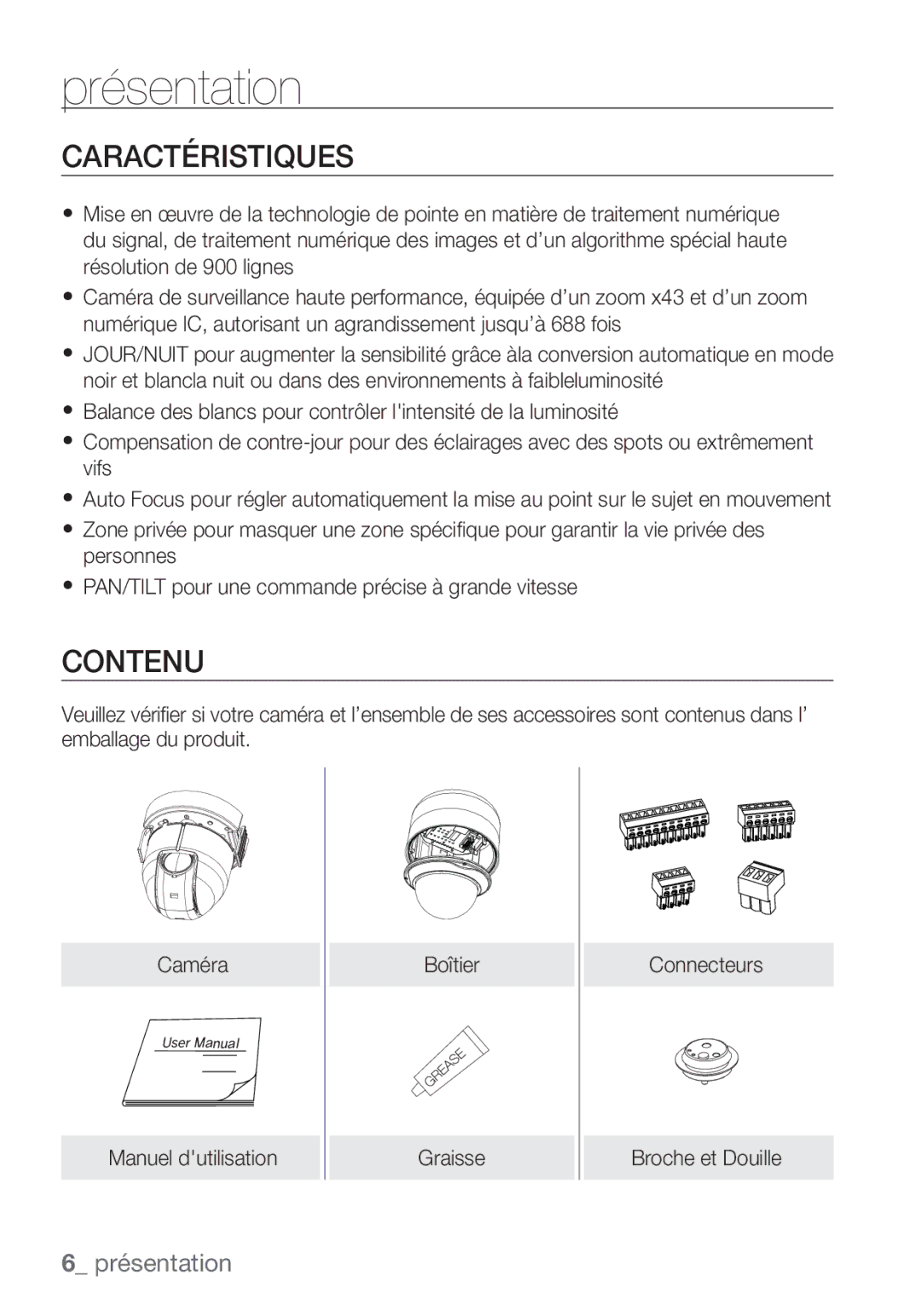 Samsung SCC-C7453P manual Caractéristiques, Contenu 