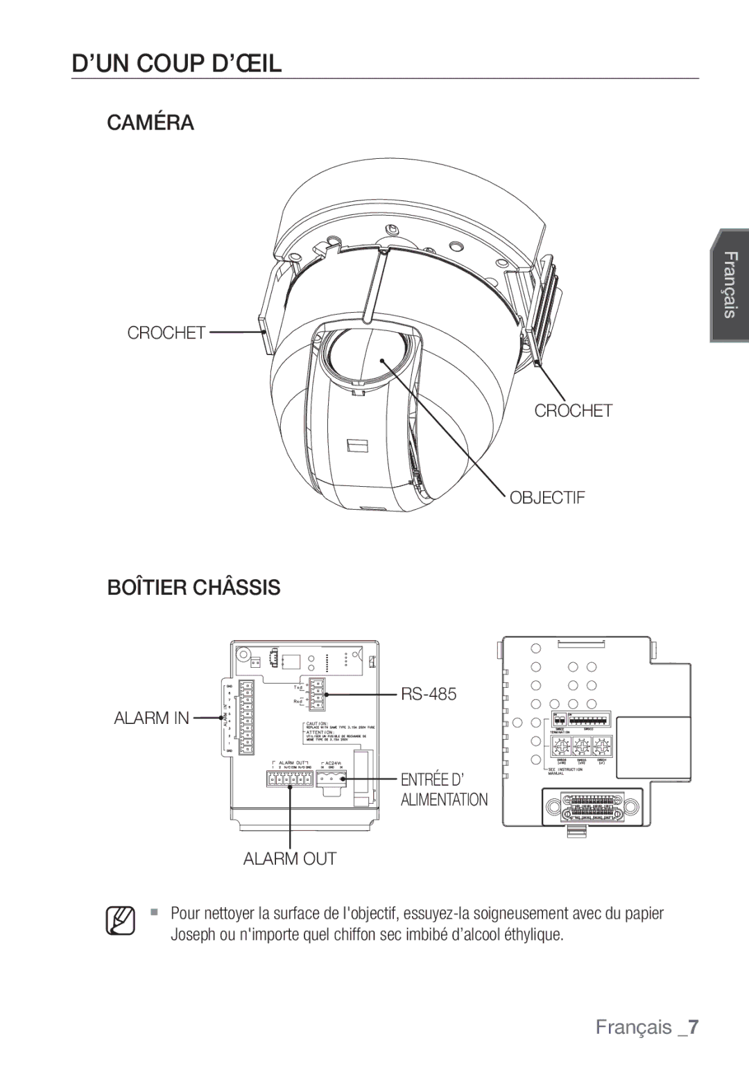 Samsung SCC-C7453P manual ’UN Coup D’ŒIL, Caméra, Boîtier Châssis, Crochet Objectif, Alarm Entrée D’ Alimentation Alarm OUT 