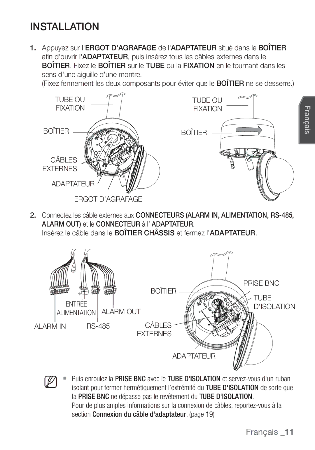 Samsung SCC-C7453P manual Tube OU Fixation, Câbles Externes Adaptateur Ergot Dagrafage, Prise BNC Boîtier Entrée Tube 