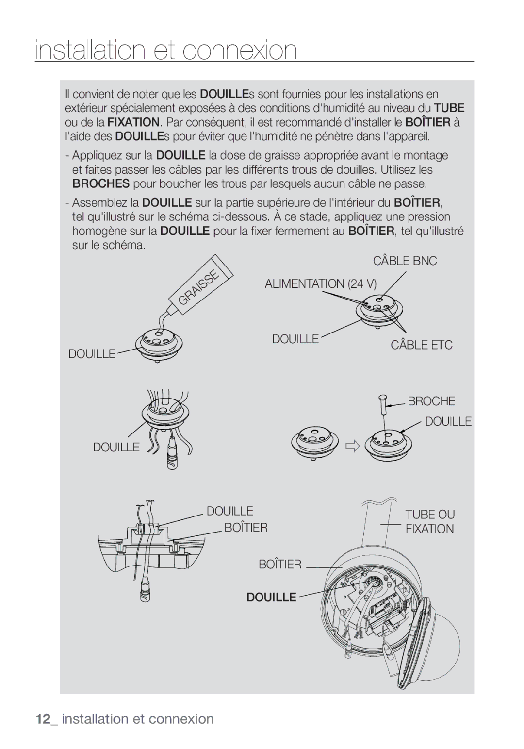 Samsung SCC-C7453P manual Câble BNC Alimentation 24 Douille, Broche Douille, Boîtier Douille 