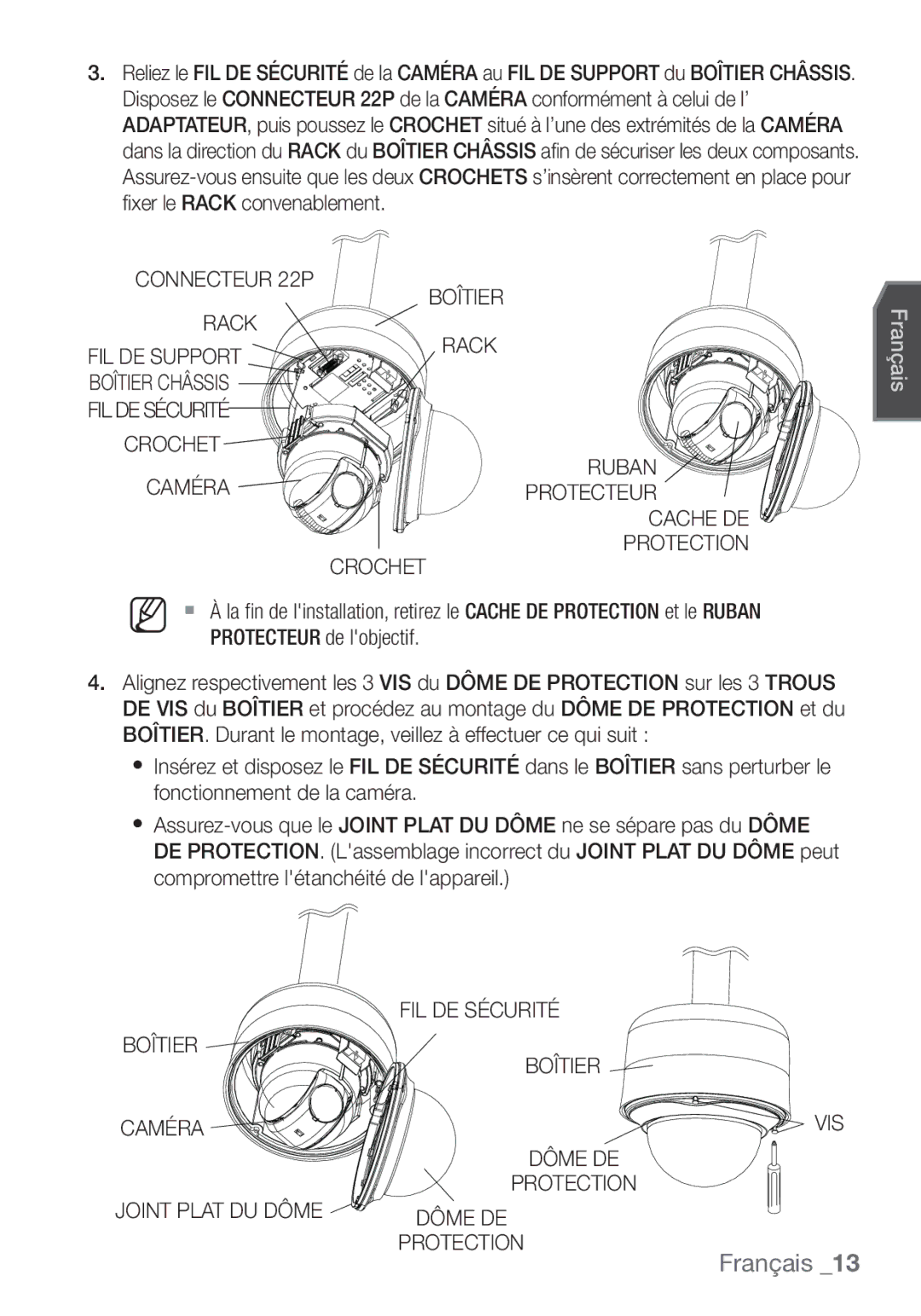 Samsung SCC-C7453P manual Connecteur 22P Boîtier Rack, Crochet Ruban Caméra Protecteur Cache DE Protection, FIL DE Sécurité 