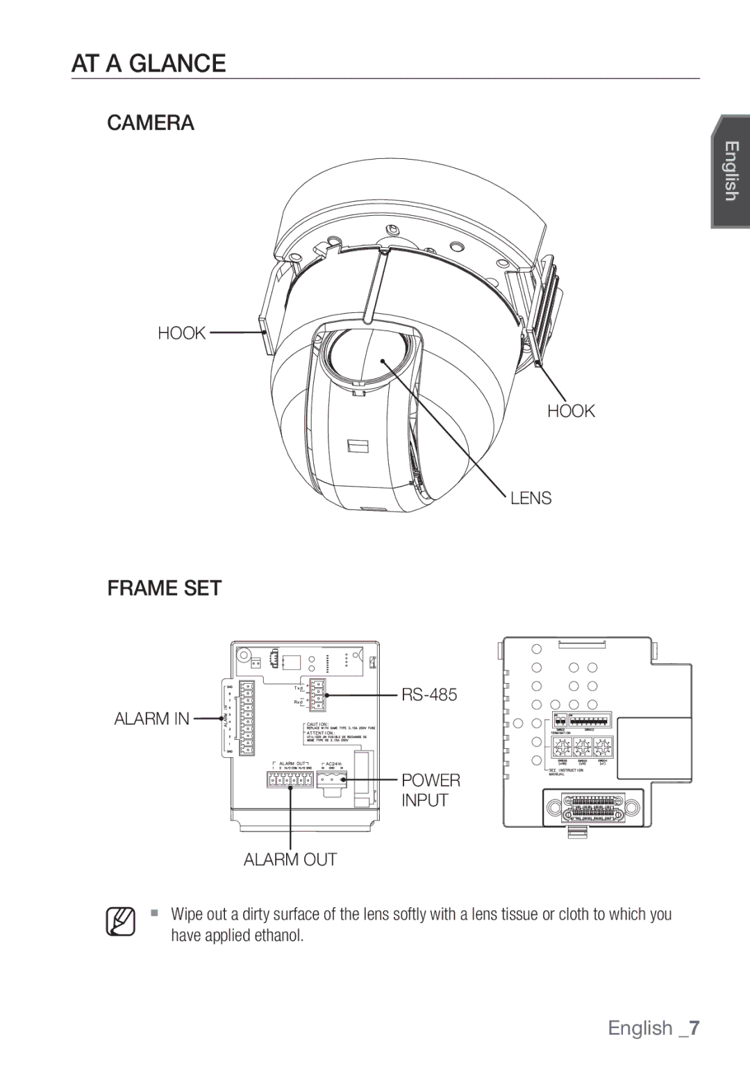 Samsung SCC-C7453P manual AT a Glance, Camera, Frame SET, Hook Lens, Alarm Power Input Alarm OUT 